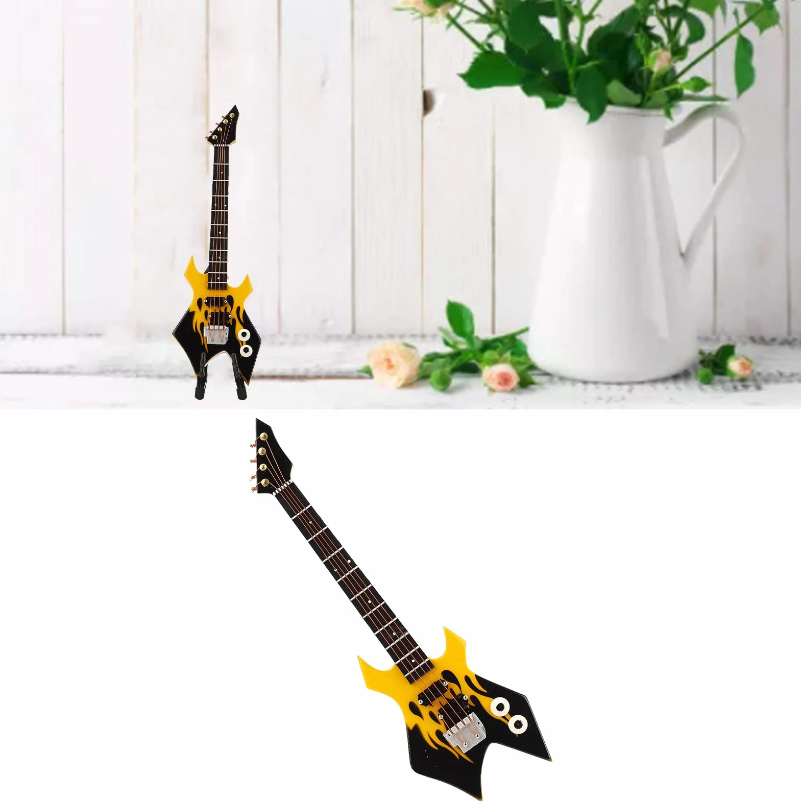 Mini Bas, Symulacja Klasyczna Kolekcja Instrumentów Dekoracyjnych Miniaturowy Model Gitary do Sypialni Studyjnej(Żółty)
