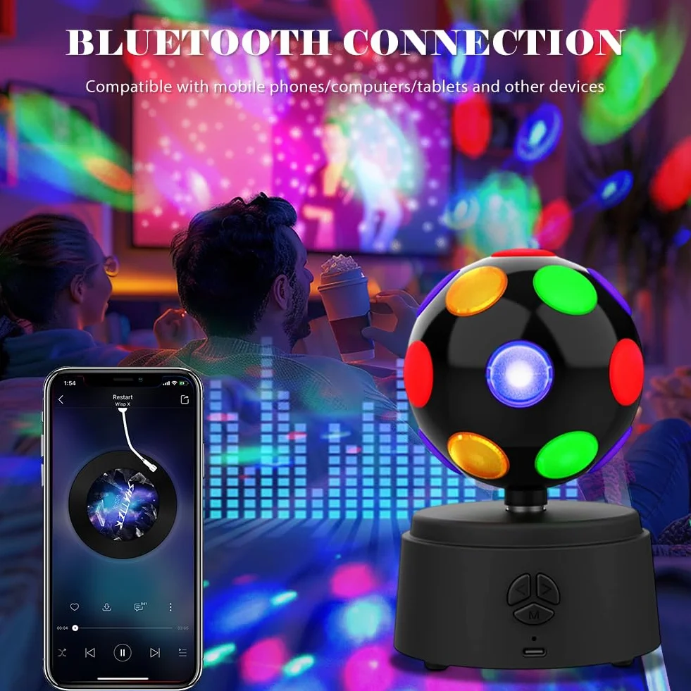 Obrotowa kula dyskotekowa, obracająca się kula dyskotekowa o 360° z wielokolorowymi diodami LED, obsługuje łączność Bluetooth, efekt dźwięku przestrzennego stereo, na imprezę, urodziny, do domu, na