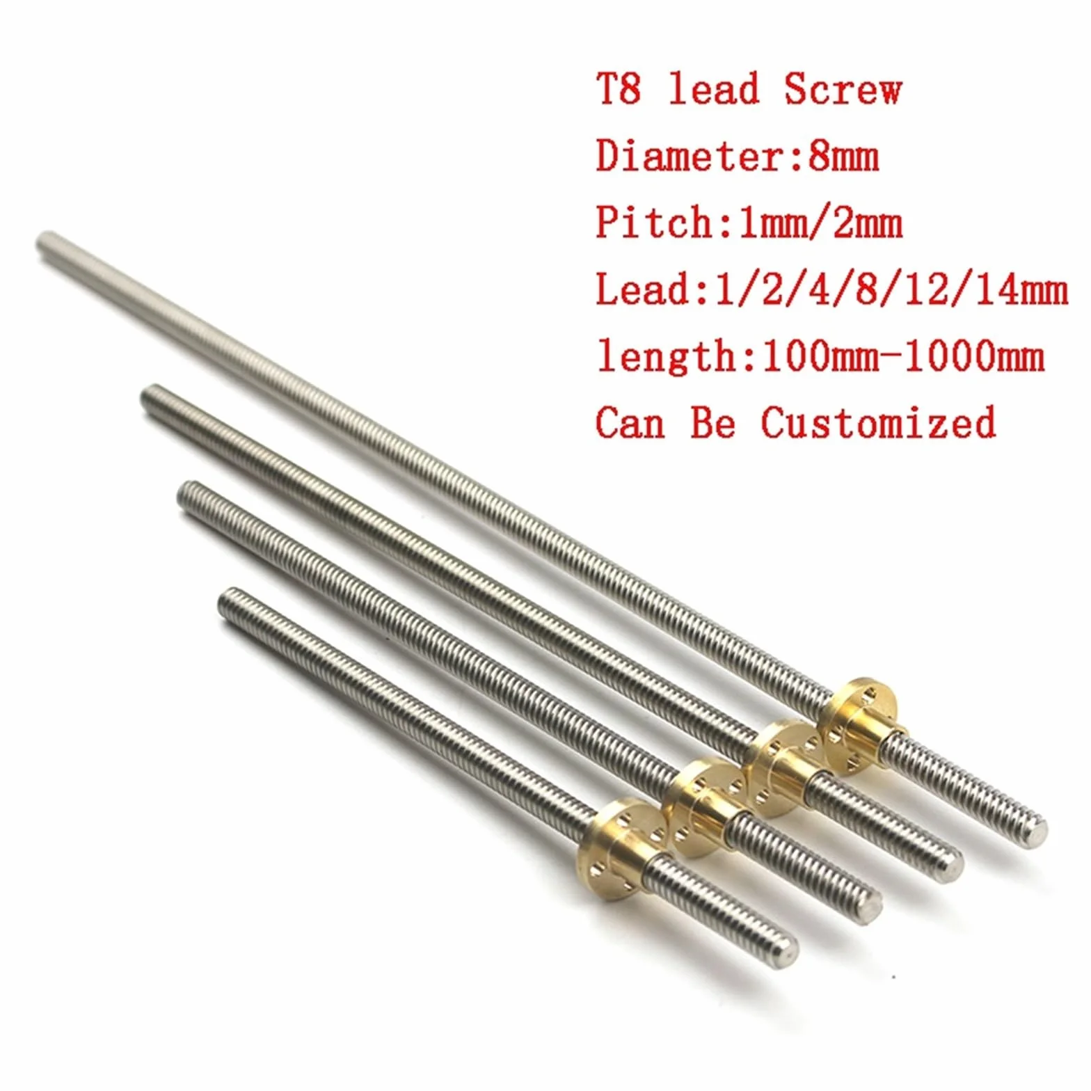 Skok śruby trapezowej 8 mm Skok 1 mm 2 mm Śruba sterująca 1 mm 2 mm 4 mm 8 mm 12 mm z mosiężną nakrętką w pełni gwintowana śruba sterująca T8 nakrętka wału (kolor: 1 mm Pitch