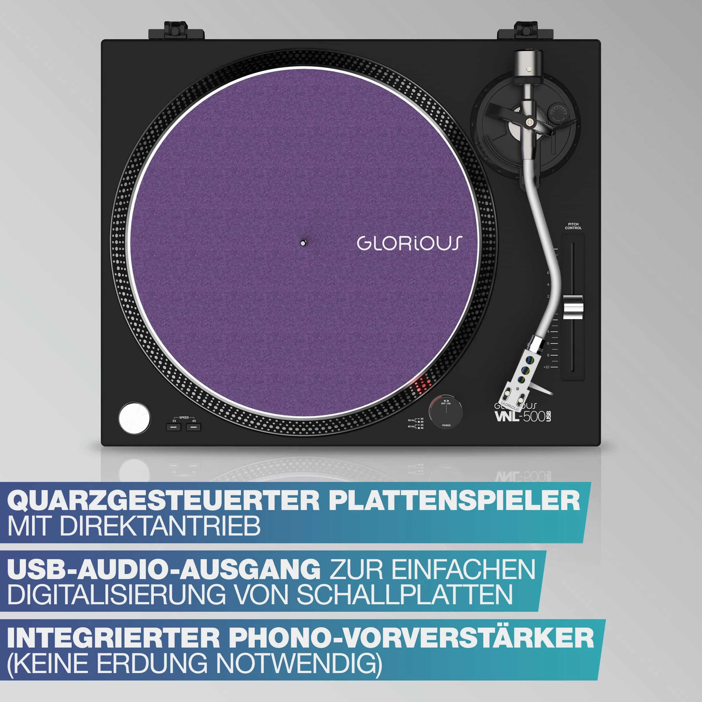 Glorious Gramofon z napędem bezpośrednim VNL-500 do DJ-a lub Hifi z wyjściem USB do nagrywania cyfrowego, wybór prędkości 33/45, regulowany zakres nachylenia, obudowa głowy, wkład i osłona
