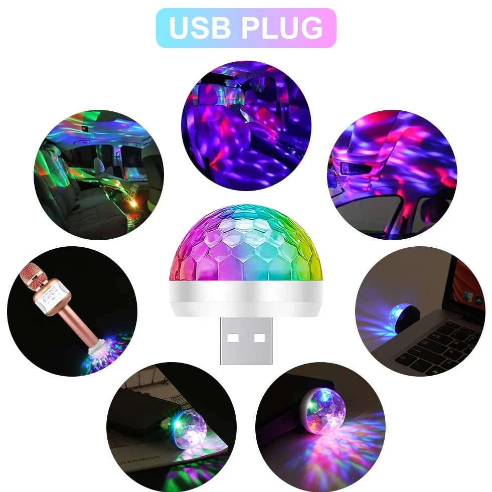 URAQT USB Disco Lights, 3 szt. Mini Disco Ball Lights, wielokolorowe LED nastrojowe światła samochodowe, lampa RGB Disco, z 3 adapterami, odpowiednie na imprezę, klub, urodziny, karaoke