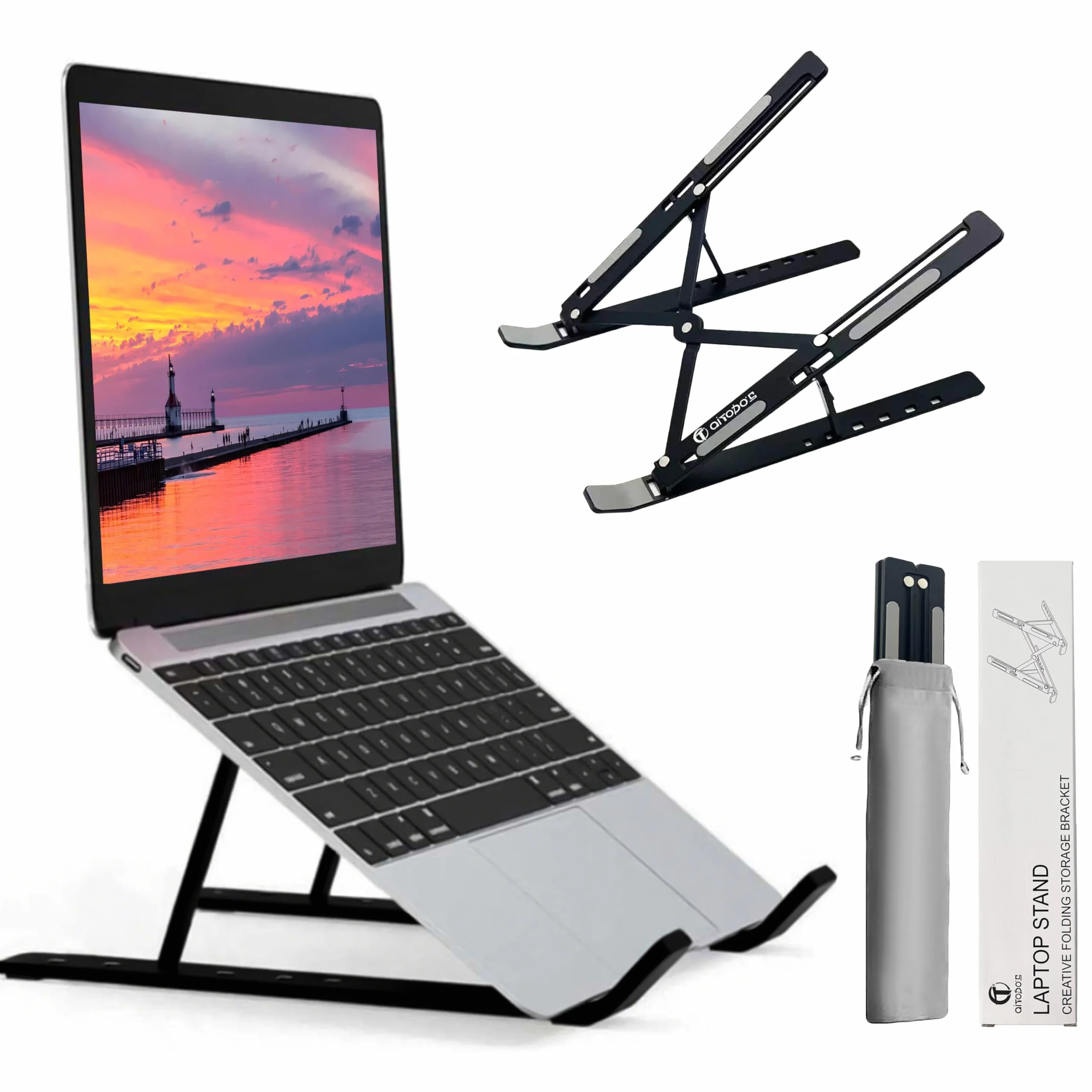 AiTodos® Stojak na Laptopa Czarny, Profesjonalny i Minimalistyczny, Regulowany w 6 Pozycjach Antypoślizgowa Stop Aluminium do Biurka i Prezentacji, Kompatybilny z MacBook Pro, Dell XPS, HP - 8–16 Cali