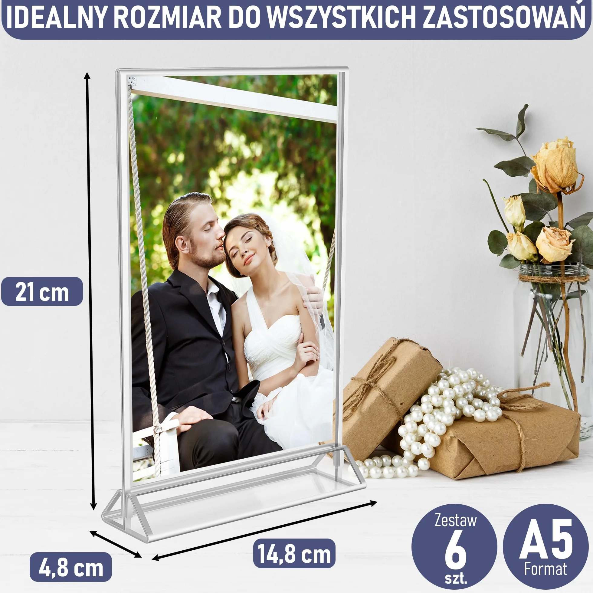 Dwustronne Srebrne Ramki A5, Zestaw 6 Szt., Akrylowe Uchwyty Na Numery Stolików, Przezroczyste Stojaki Na Tabliczki, Srebrne Ramki Na Numery Stolików Weselnych, Uchwyty Na Menu I Zdjęcia Na Wydarzenia