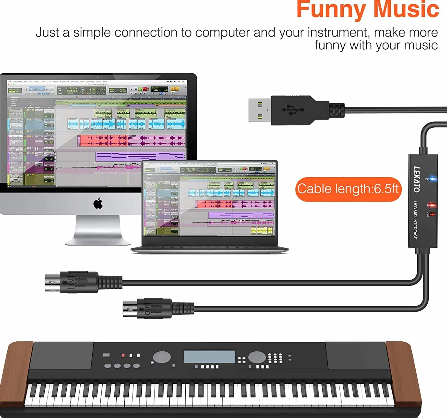 USB MIDI LEKATO USB In-Out Kabel MIDI Klawiatura muzyczna fortepian do PC laptop konwerter profesjonalny do komputera/laptopa/Mac 6,5 stóp