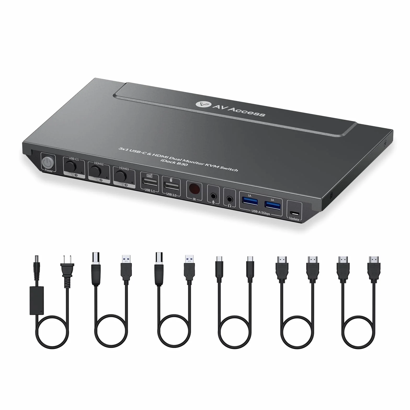 AV Access 4K KVM Switch Dock 3 PC 2 monitory, podwójny monitor 4K HDMI, ładowanie Type-C 65 W, do laptopa, Ethernet, EDID, Hotkey, USBC, USB 3.0