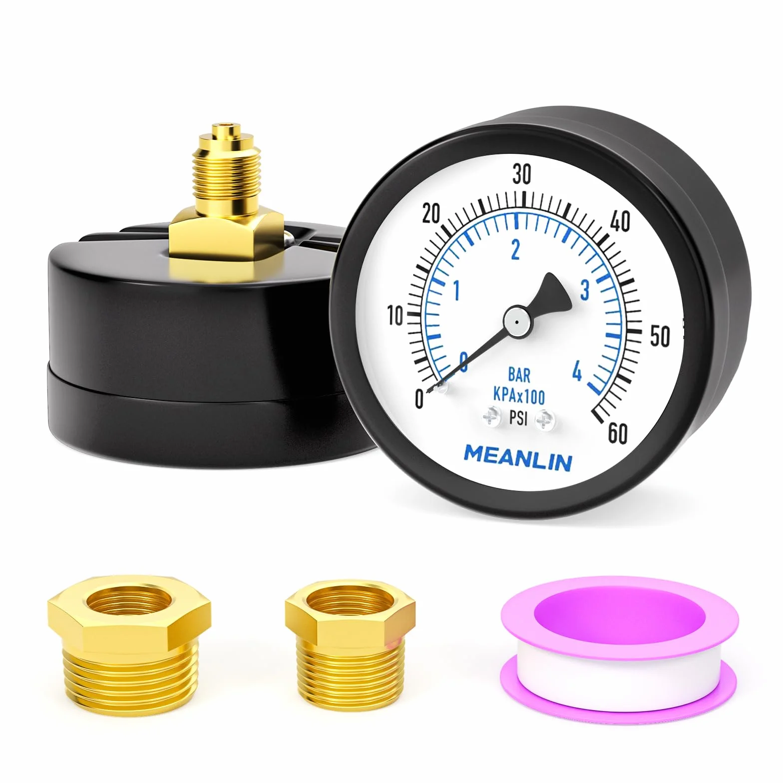 MEANLIN MEASURE 0~4BAR/0~60PSI 2"DIAL FACE 1/8 "BSP dobrze pompy Manometr ciśnieniowy,z 1/4"BSP i 3/8"BSP Piasta sześciokątna, Filtr Sabbii per Basen Test,Center Montaggio back