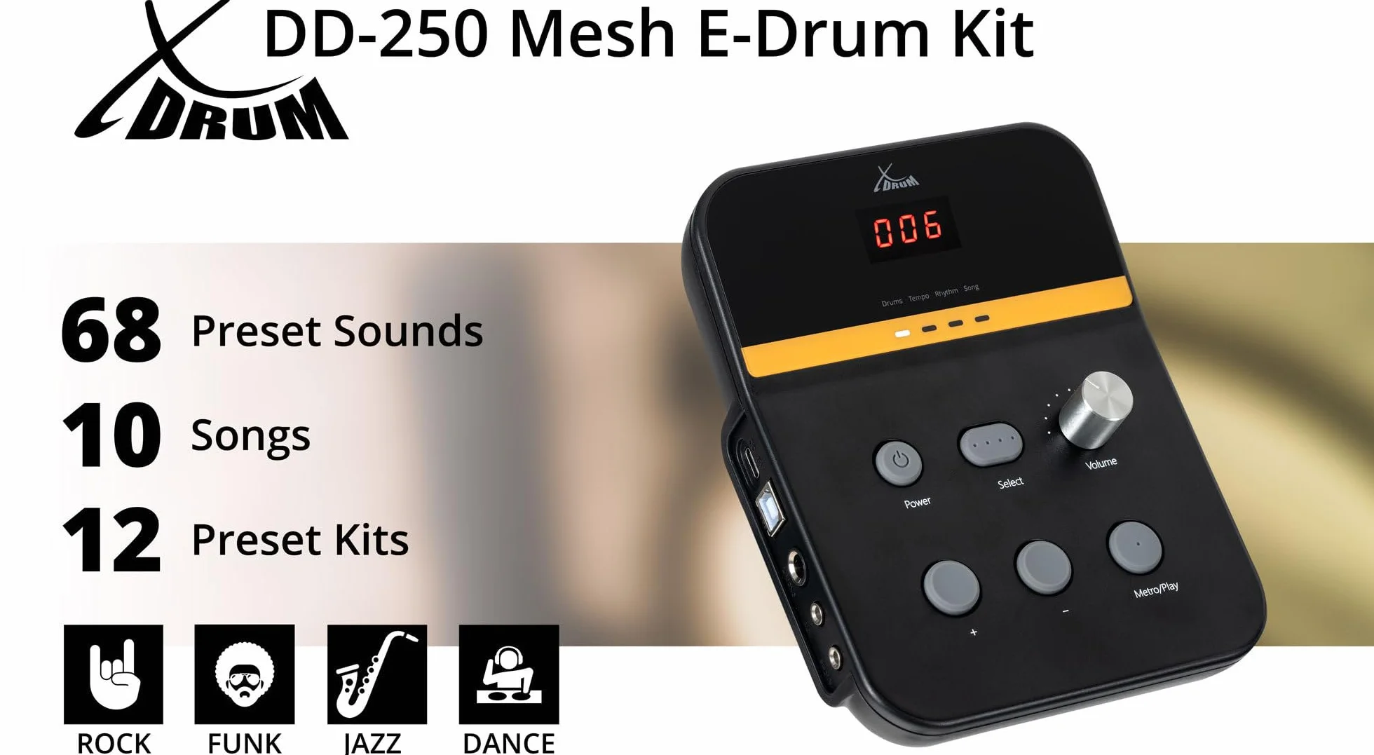 XDrum DD-250 zestaw perkusyjny z głowicami siatkowymi – perkusja elektroniczna z 4 podkładkami z siateczki, 3 podkładkami na talerze, kontrolerem nożnym Kick & Snare, Rack & Sticks – 12 zestawów z 68