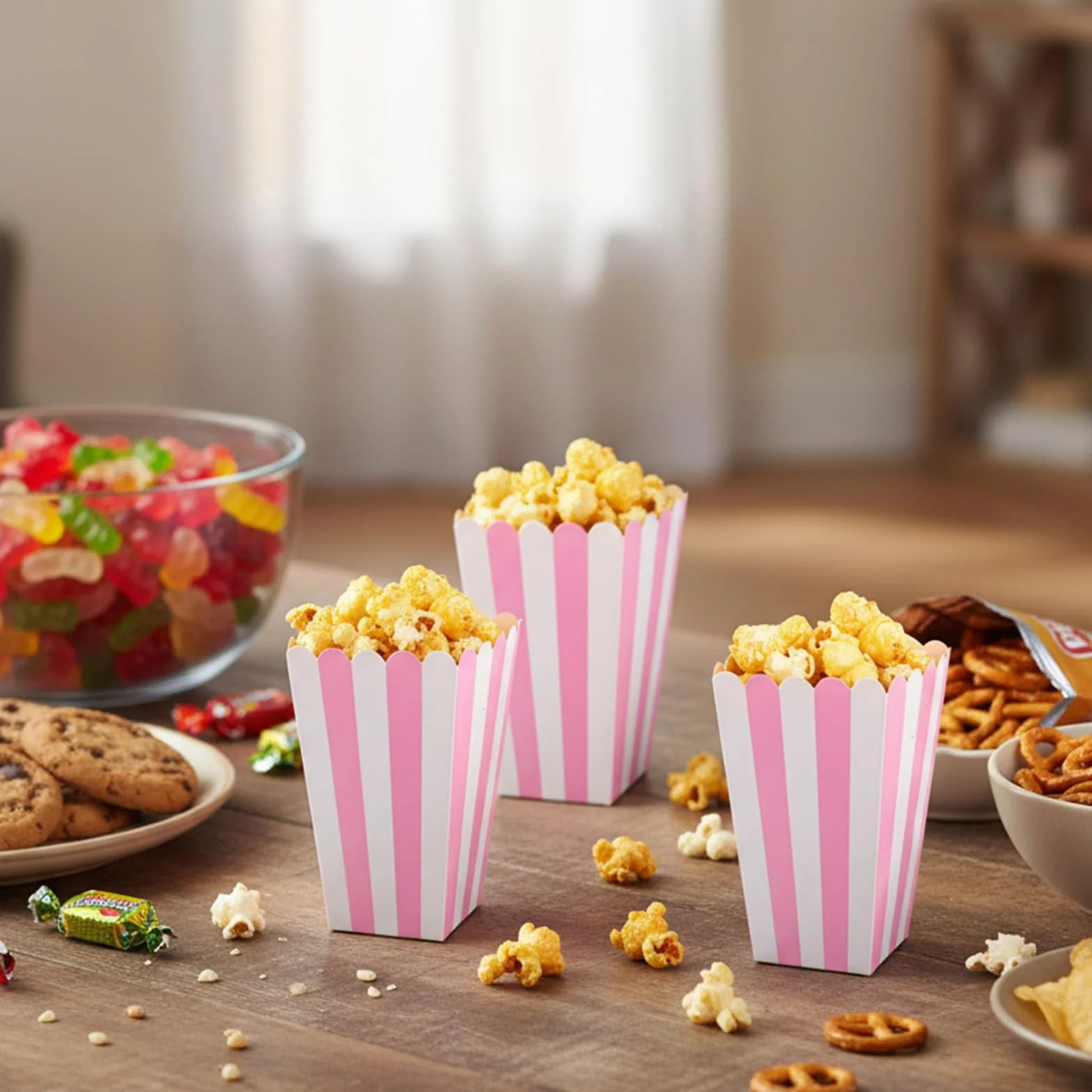 Różowe pudełka na popcorn, mini torby na popcorn w paski, papierowa, dmuchana miska na ryż, wiadro, maszyna do cukierków, pojemnik na miskę, pojemnik na przekąski, na przyjęcie urodzinowe, upominek