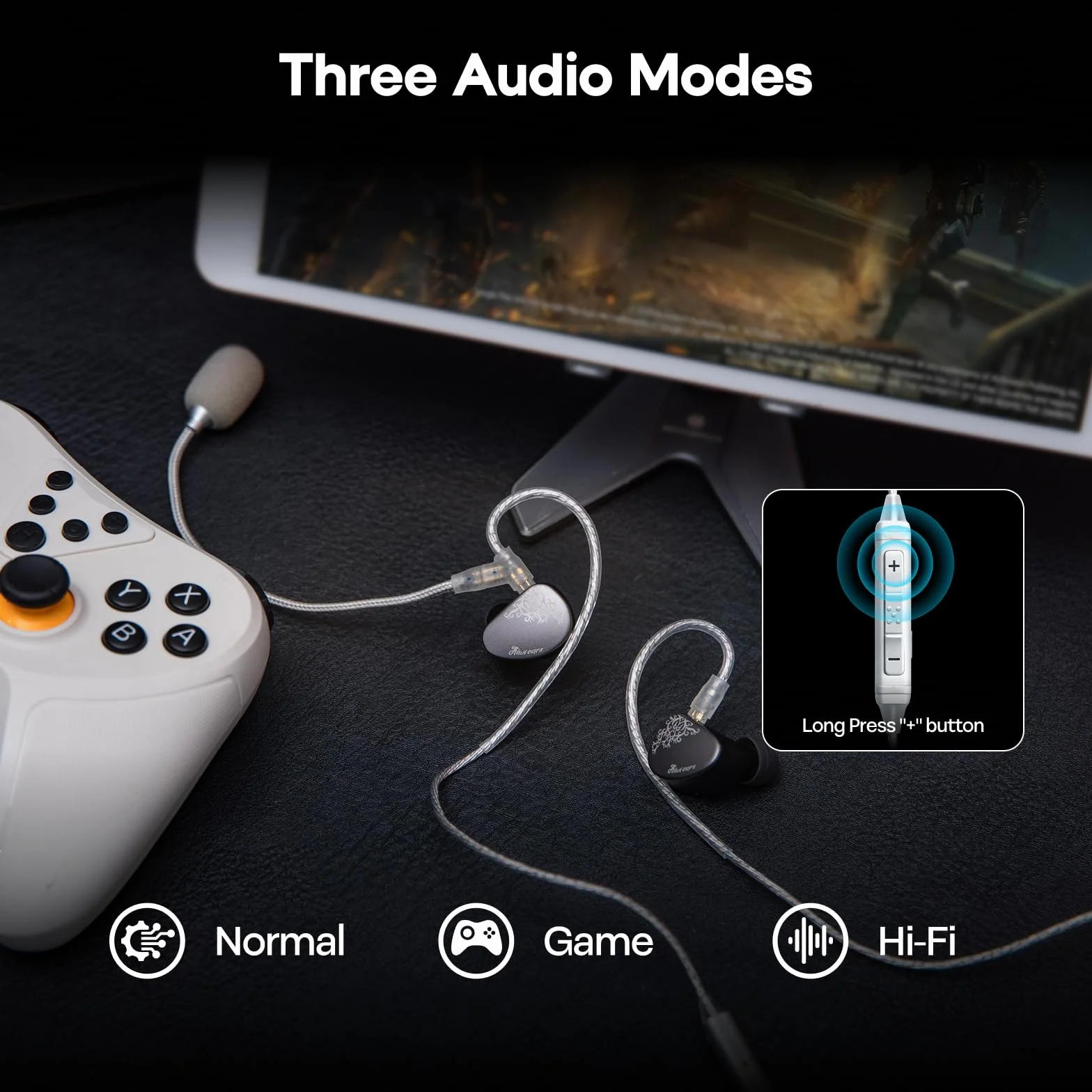 Linsoul Kiwi Ears S-Link Type-C kabel do słuchawek dousznych, kabel do słuchawek gamingowych z DAC+DSP, podwójnym mikrofonem, 3 trybami inteligentnego sterowania (Srebro, 2-pinowy)