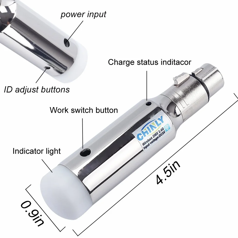 XLR nadajnik/odbiornik męski/żeński 2,4 G, ISM DMX512, z anteną,do oświetlenia scenicznego. 1 Sender & 5 Empfänger (Batterie)