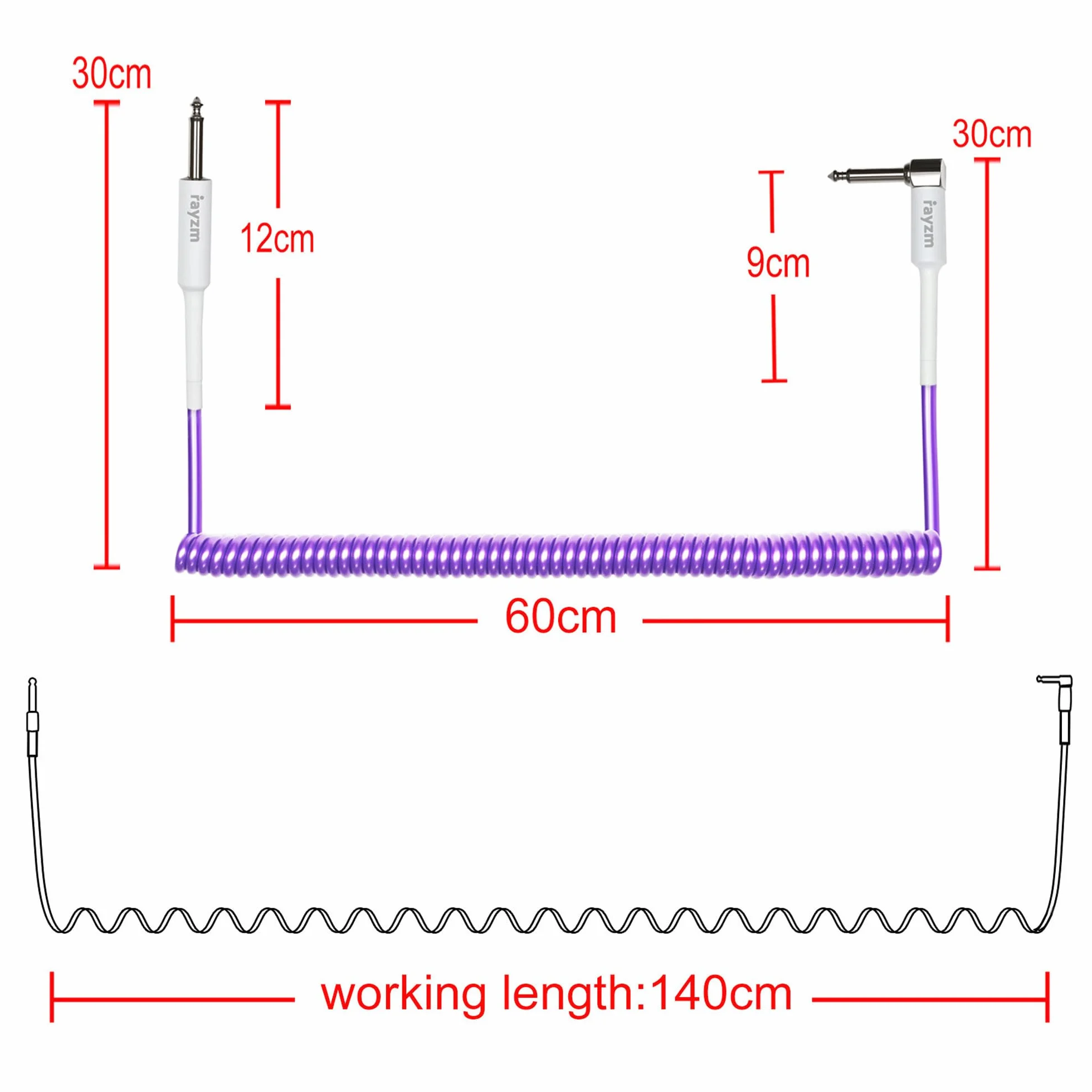 Rayzm Zwinięty kabel do instrumentu, 2-metrowy zwinięty przewód, prawokątny do prostego spiralnego przewodu do gitary/basu