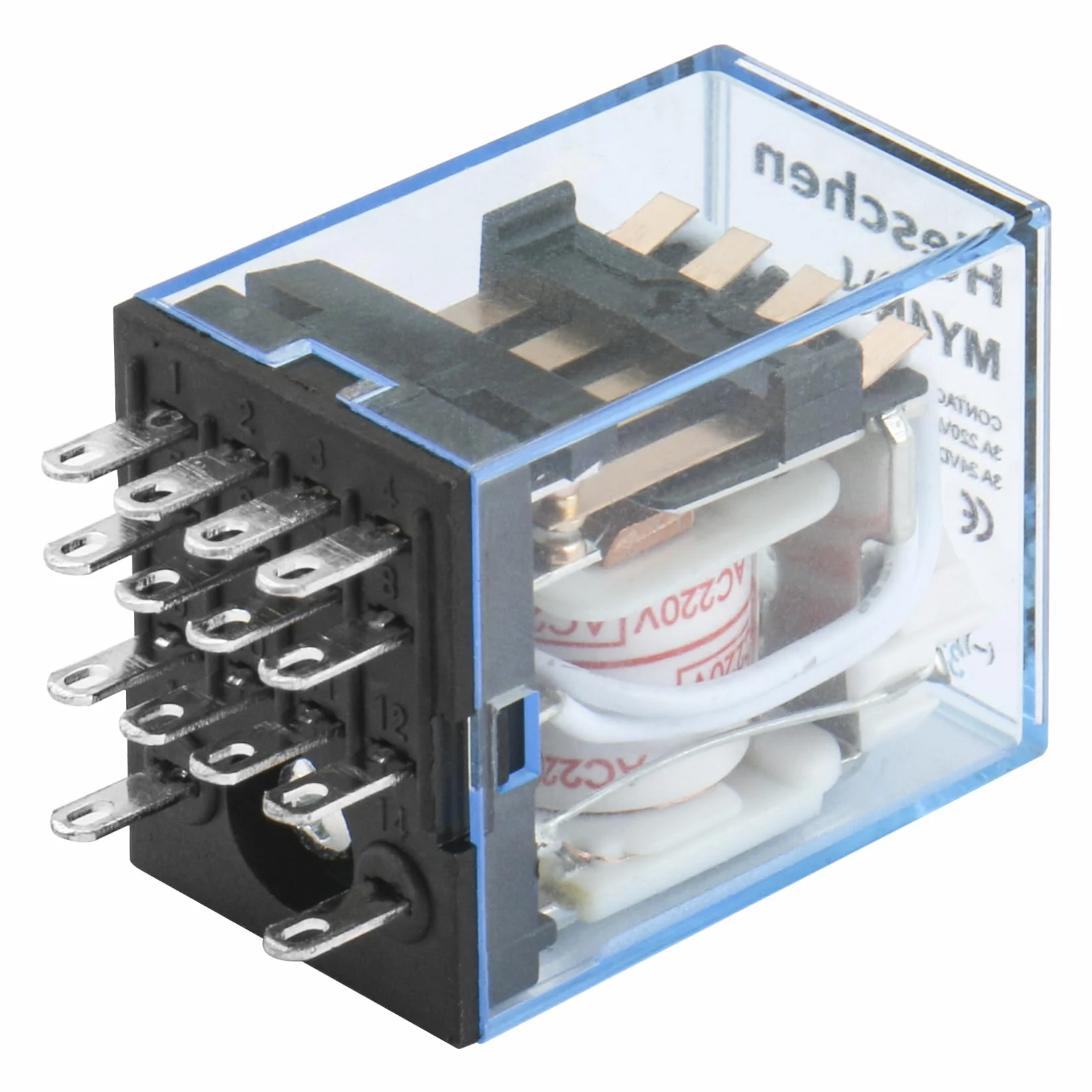 Heschen Gereral przekaźnik zasilający MY4NJ 220 V AC cewka 3 A 220 V AC/24 V DC 4PDT Wskaźnik LED 14-pinowe zaciski