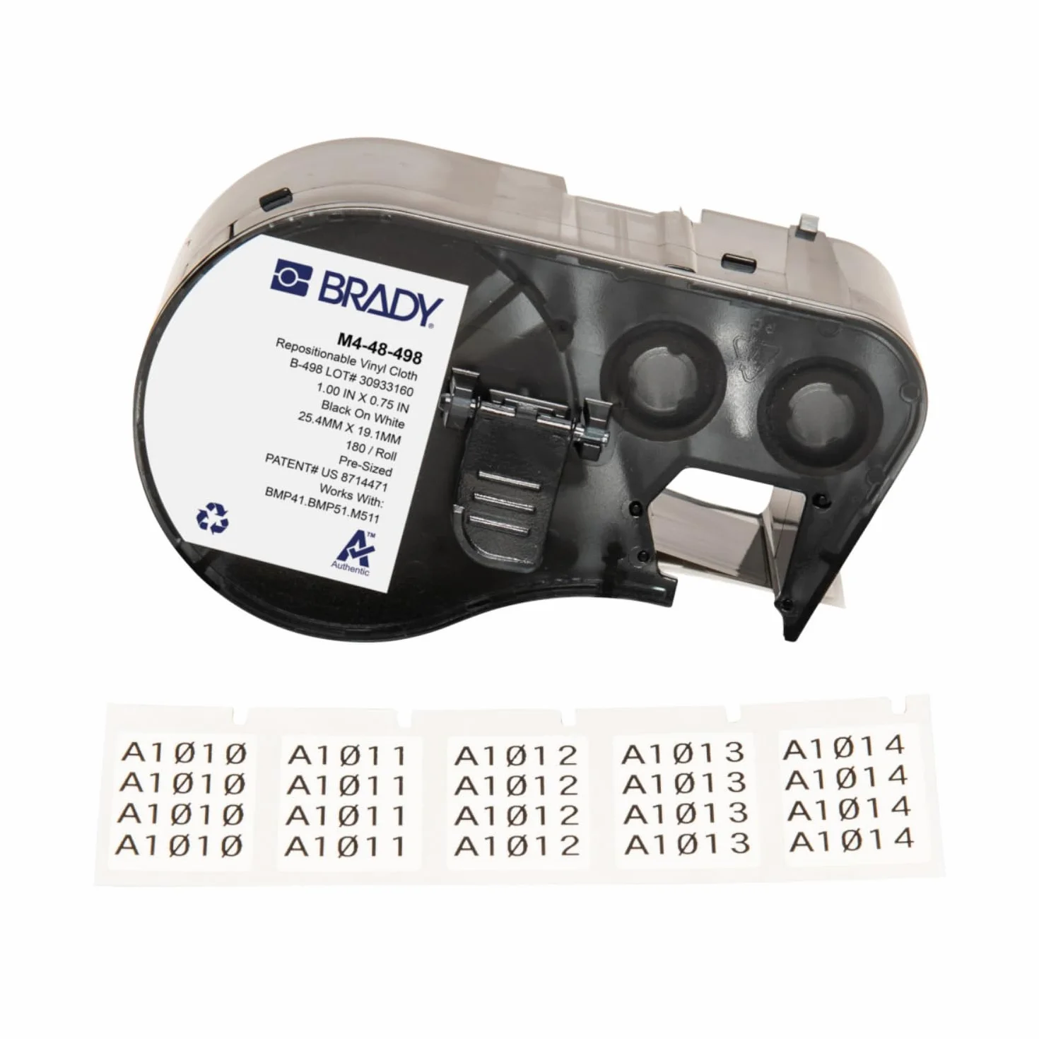 Repozycjonowalne etykiety winylowe Brady do drukarek etykiet M410 & M510-180 samoprzylepnych etykiet winylowych do drukarek - czarne na białym (25,40 mm x 19,05 mm) - M4-48-498