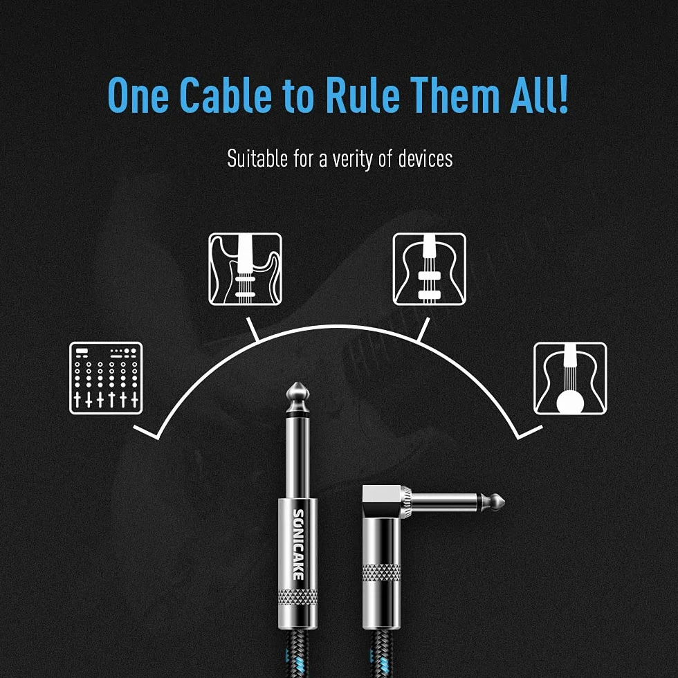SONICAKE Pleciony kabel do gitary 3 m, kabel do instrumentów gitarowych, 6,35 mm, 1/4 cala, kąt prosty, czarny, niebieski