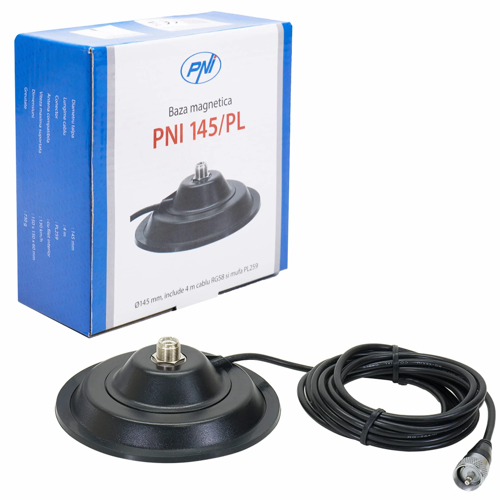 Uchwyt magnetyczny do anteny CB PNI 145 / PL, 145 mm, 4 m kabel RG58 i wtyczka PL259