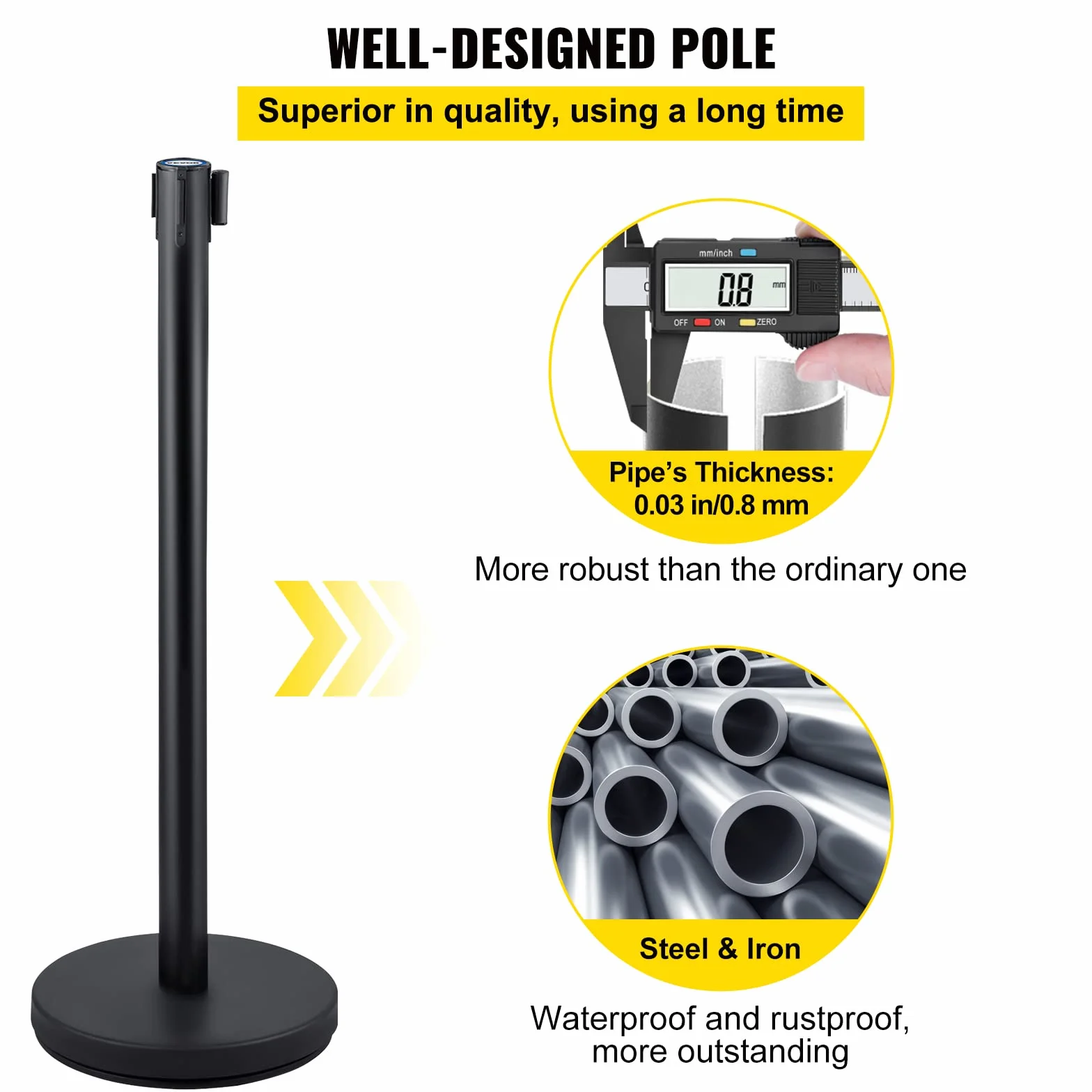 VEVOR Stanchion Control Stanchion, zestaw 4-częściowy, zestaw stanionów z 6,6 ft/2 m, czarny pasek chowany, czarna bariera kontroli tłumu z betonem i metalową podstawą – łatwy montaż