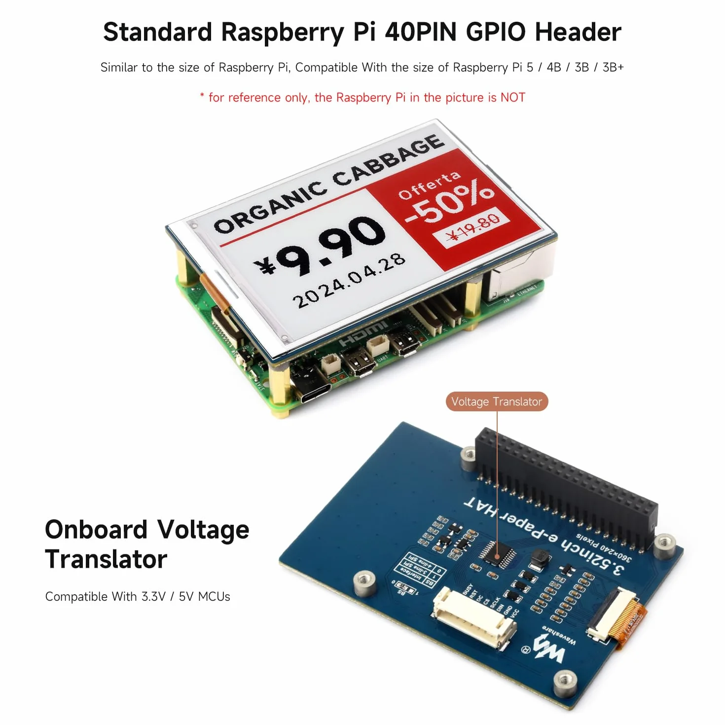 Waveshare 3.52inch e-Paper Display (B), e-Ink Display, 360x240, Red/Black/White, Compatible with Raspberry Pi 5/4B/3B/Zero/Zero W/Zero 2W/Pico/Pico, Support Jetson Nano/TX2/Xavier N/Orin and RDK X3