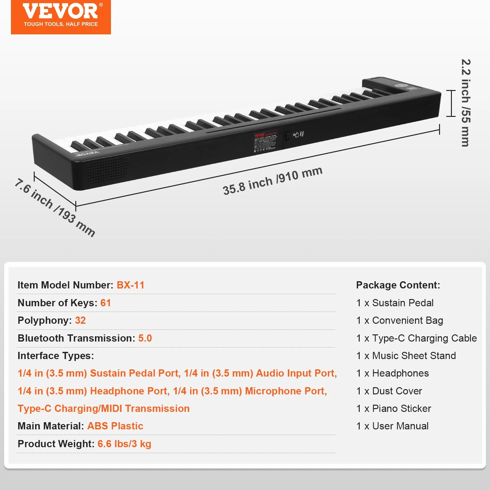 VEVOR Składane pianino 61 klawiszy, Bluetooth MIDI, przenośne składane elektroniczne pianino cyfrowe z pedałem, podświetlane klawisze dotykowe, torba, akumulator, składany fortepian