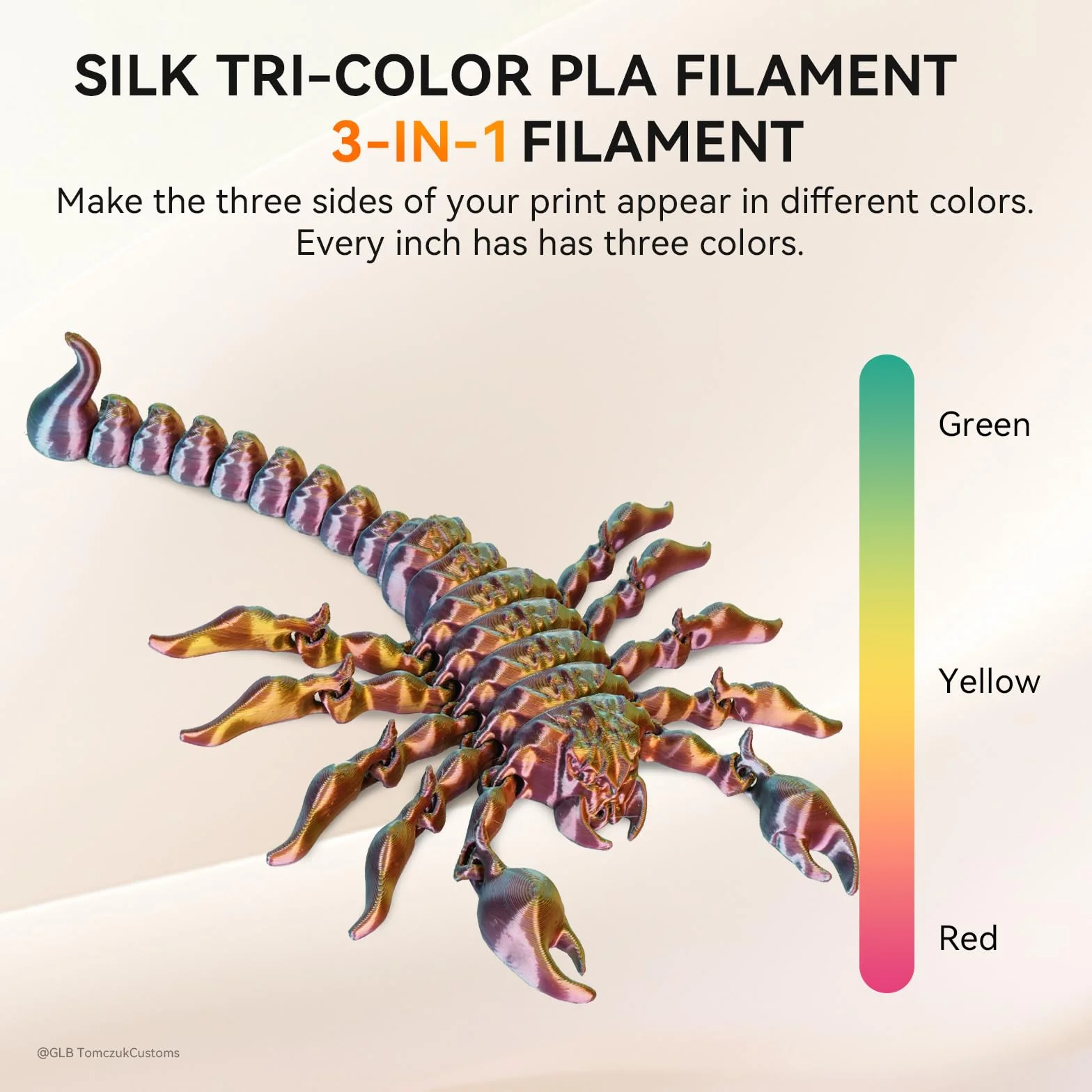 TECBEARS Jedwabny filament PLA 1,75 mm 1 kg, jedwabny trójkolorowy filament PLA drukarka 3D, z jedwabiście gładkim wykończeniem, dokładność wymiarowa +/- 0,02, szpula 1 kg, czerwony żółty zielony