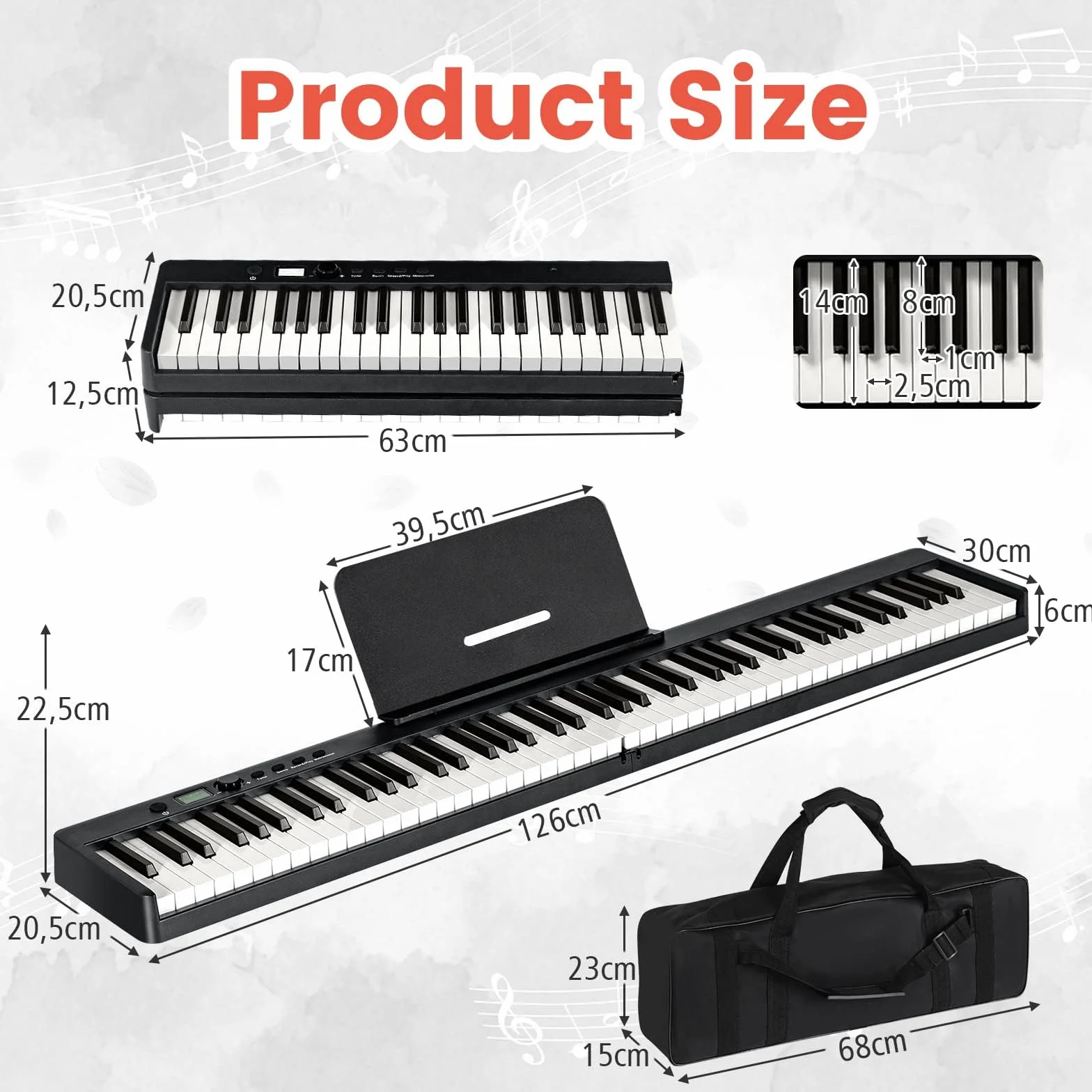 KOMFOTTEU Pianino cyfrowe 88 klawiszy, składane elektroniczne pianino, elektroniczne pianino, przenośne cyfrowe keyboard z pedałem sustain, 20 demo/ 128 rytmów Zestaw pianino cyfrowego (Czarny)