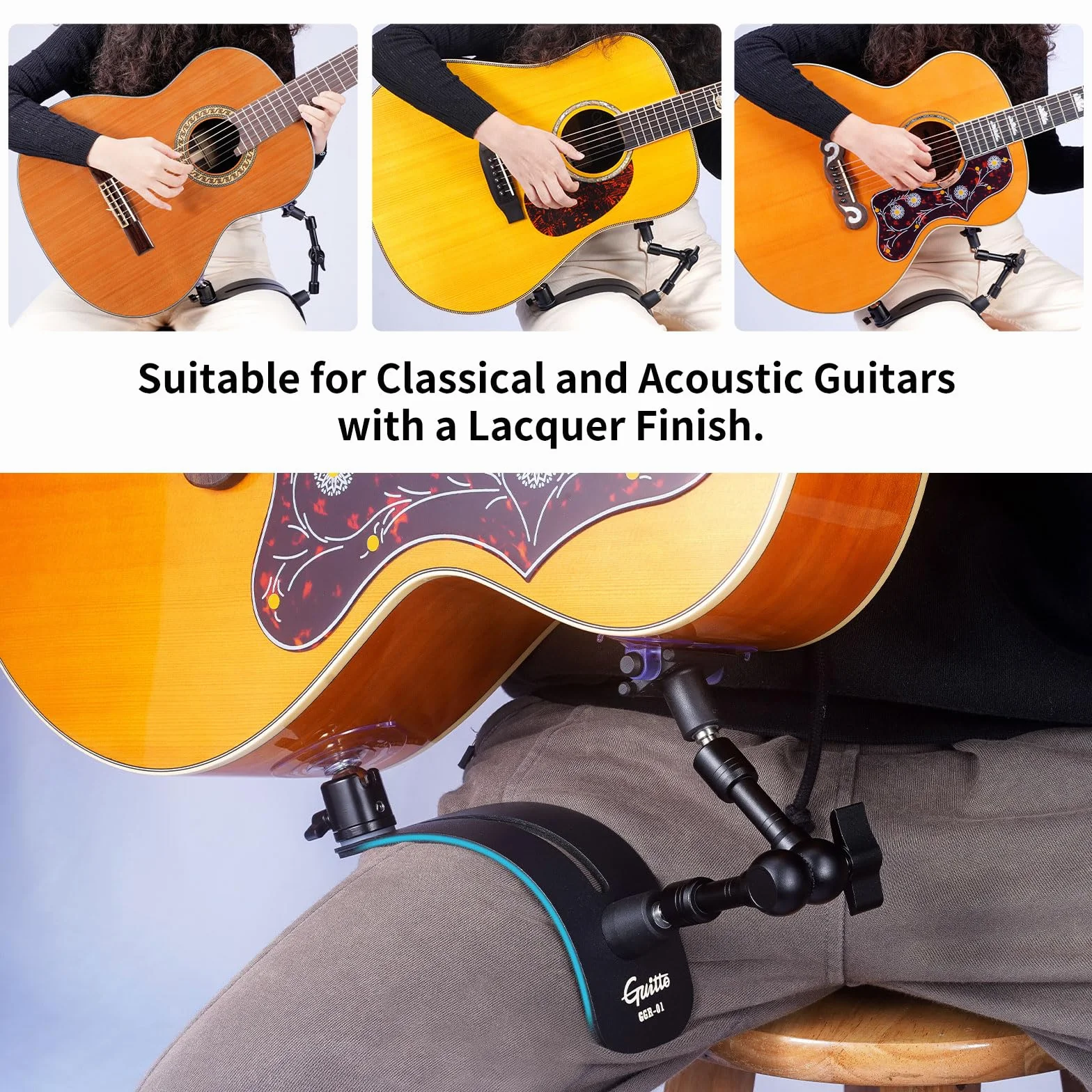 GUITTO Podpórka do Gitary Klasycznej – Ergonomiczny Stabilizator z Szybką Regulacją Kąta (System Blokady), Uniwersalna do Gitar Akustycznych z Lakierowaną Powierzchnią (GGR-01)