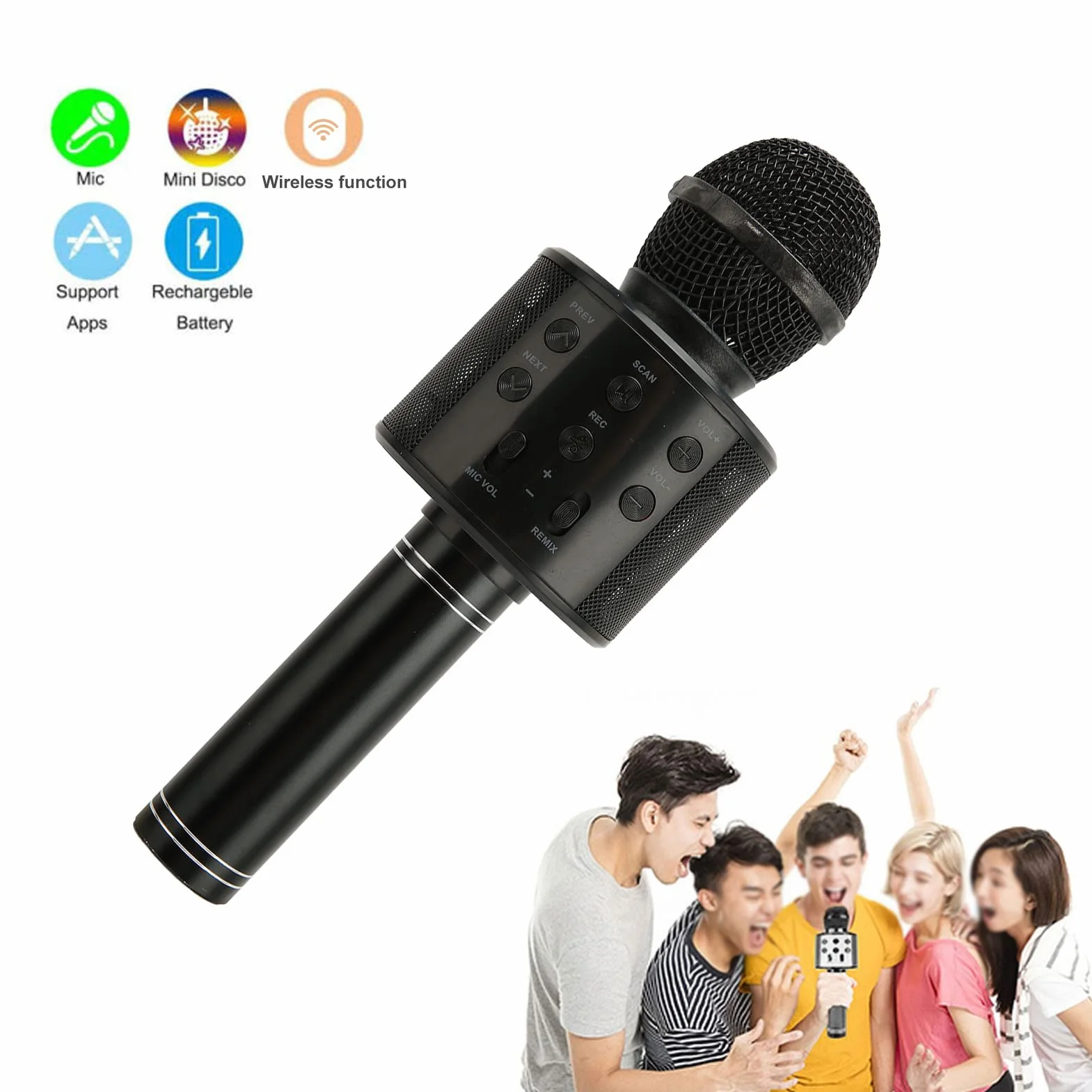 Bezprzewodowy Mikrofon do Karaoke Bluetooth, Przenośny Ręczny Głośnik z Mikrofonem 4 w 1, Stereofoniczna Maszyna do Karaoke dla Dzieci i Dorosłych, Prezenty Urodzinowe i świąteczne (Czarny)