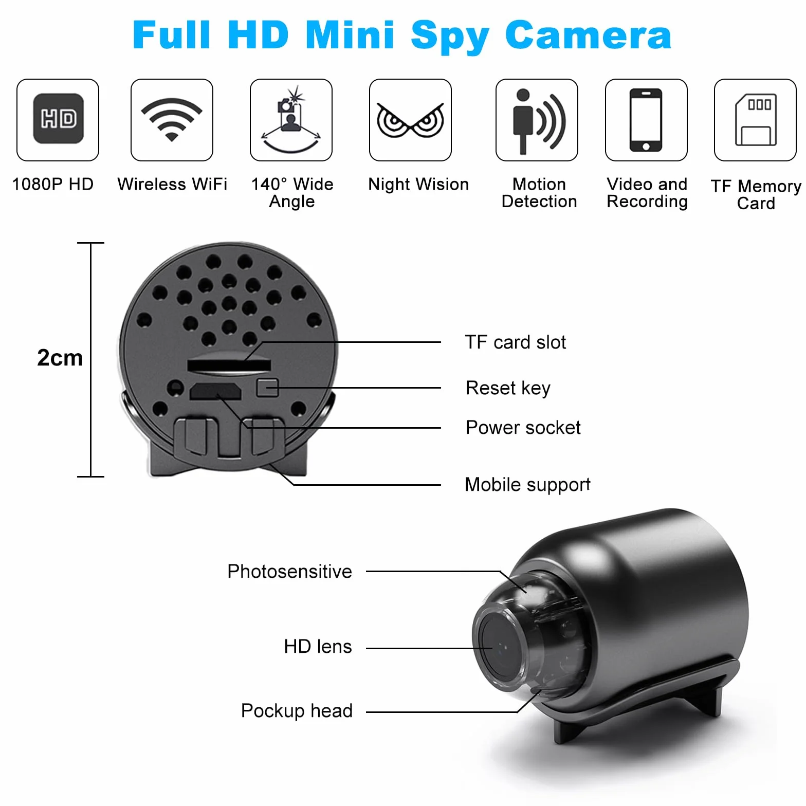 Bezprzewodowa mini kamera szpiegowska 1080p HD, mini WiFi, kamera do monitoringu bezpieczeństwa w domu, z wykrywaniem ruchu, noktowizor, sterowanie aplikacją, do domu / biura / wewnątrz / na