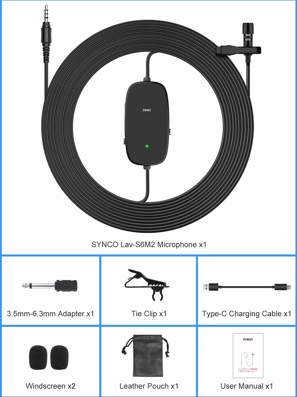 Moman S6M2 6 mikrofon wtykany do smartfona, mini mikrofon lavalier 3,5 mm-6,3 mm TRRS-TRS z monitorowaniem audio, Low-Cut Gain Control do aparatu, tabletu, laptopa, PC