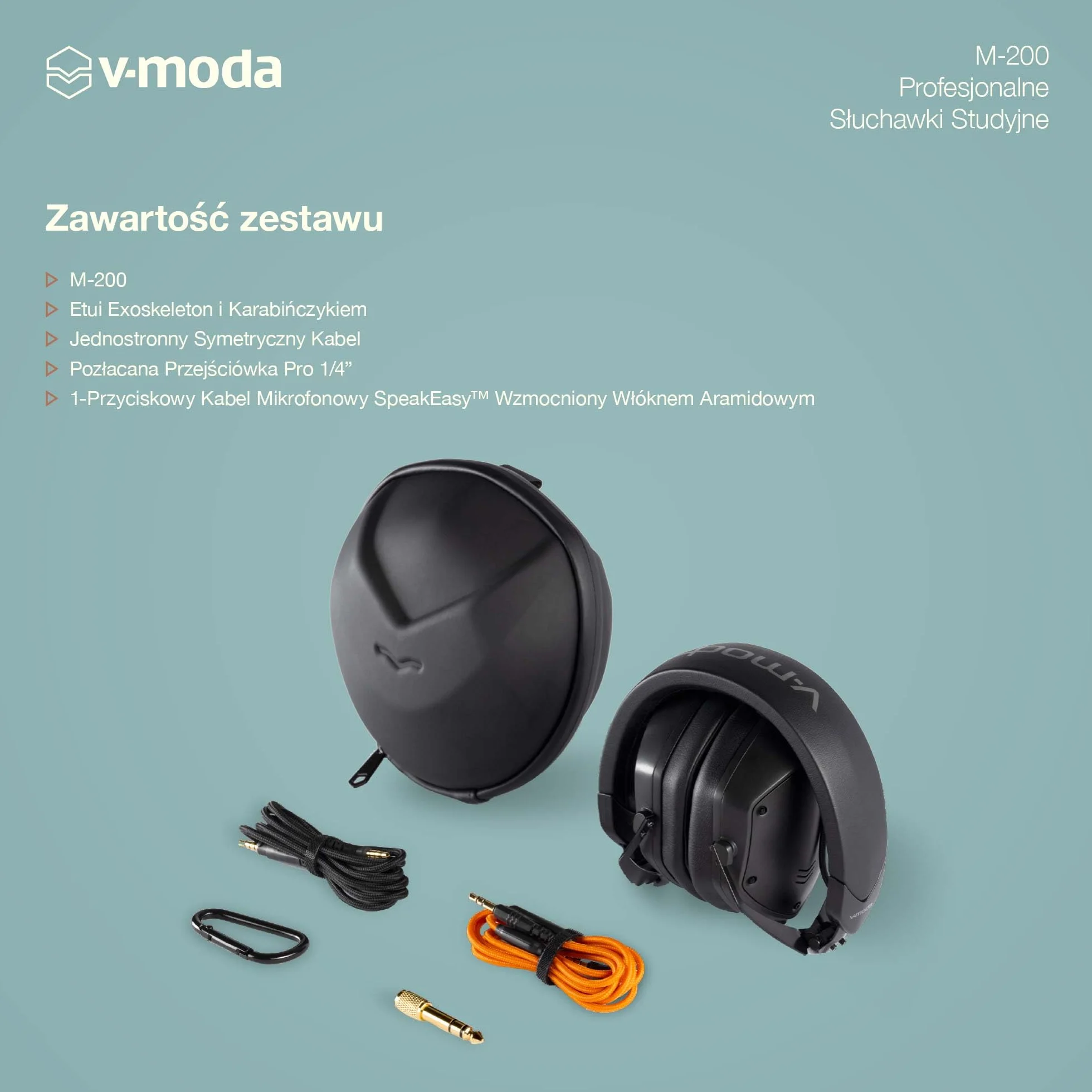 Profesjonalne Śłuchawki Studyjne V-MODA M-200 | Lekka Metalowa Konstrukcja | Regulowany pałąk do Monitorowania Jednym Uchem | Certyfikat Hi-Res Audio | Etui Exoskeleton | Matowa Czerń