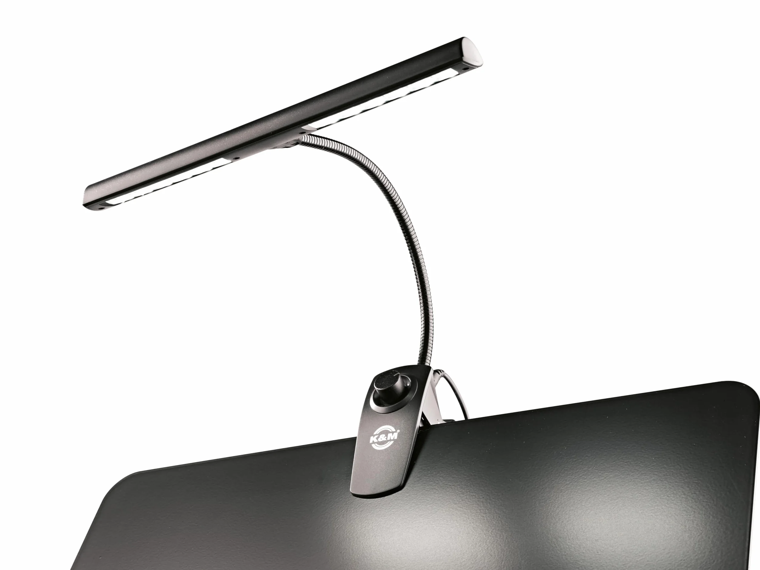 K&M 12295 lampa pulpitowa z nutami ściemniacz Light Black – 30 cm abażur – klips z łabędzią szyją, 2 x 1400 luksów