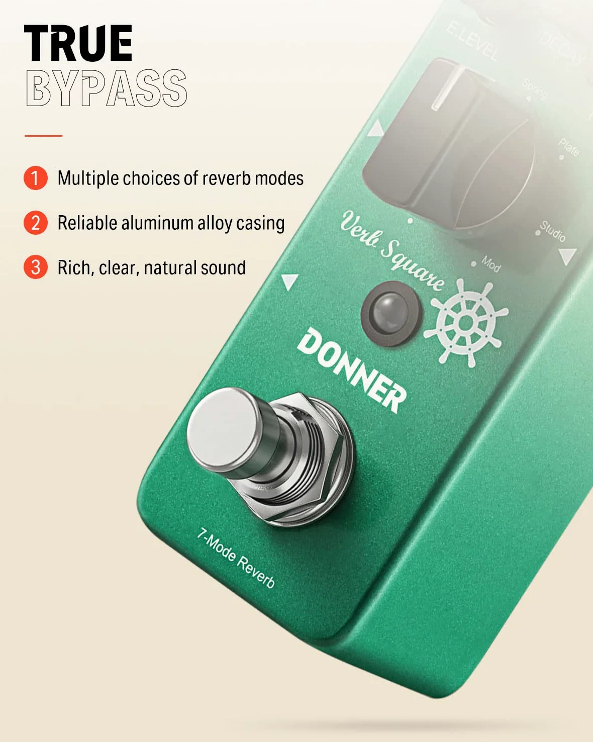Donner Reverb gitarowy, czasownik kwadratowy cyfrowy pogłos 7 trybów pokoju, hol, kościół, wiosna, płyta, studio, mod, True Bypass