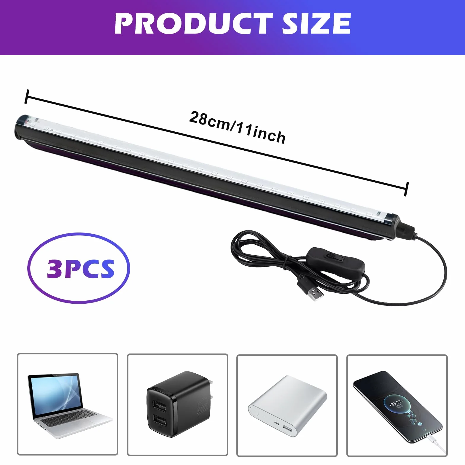 Rurka z czarnym światłem, 3 sztuki lamp LED 5 W, 24 LED 28 cm, taśma UV z przełącznikiem, USB LED, oświetlenie imprezowe, oświetlenie sceniczne, malowanie ciała, akcesoria