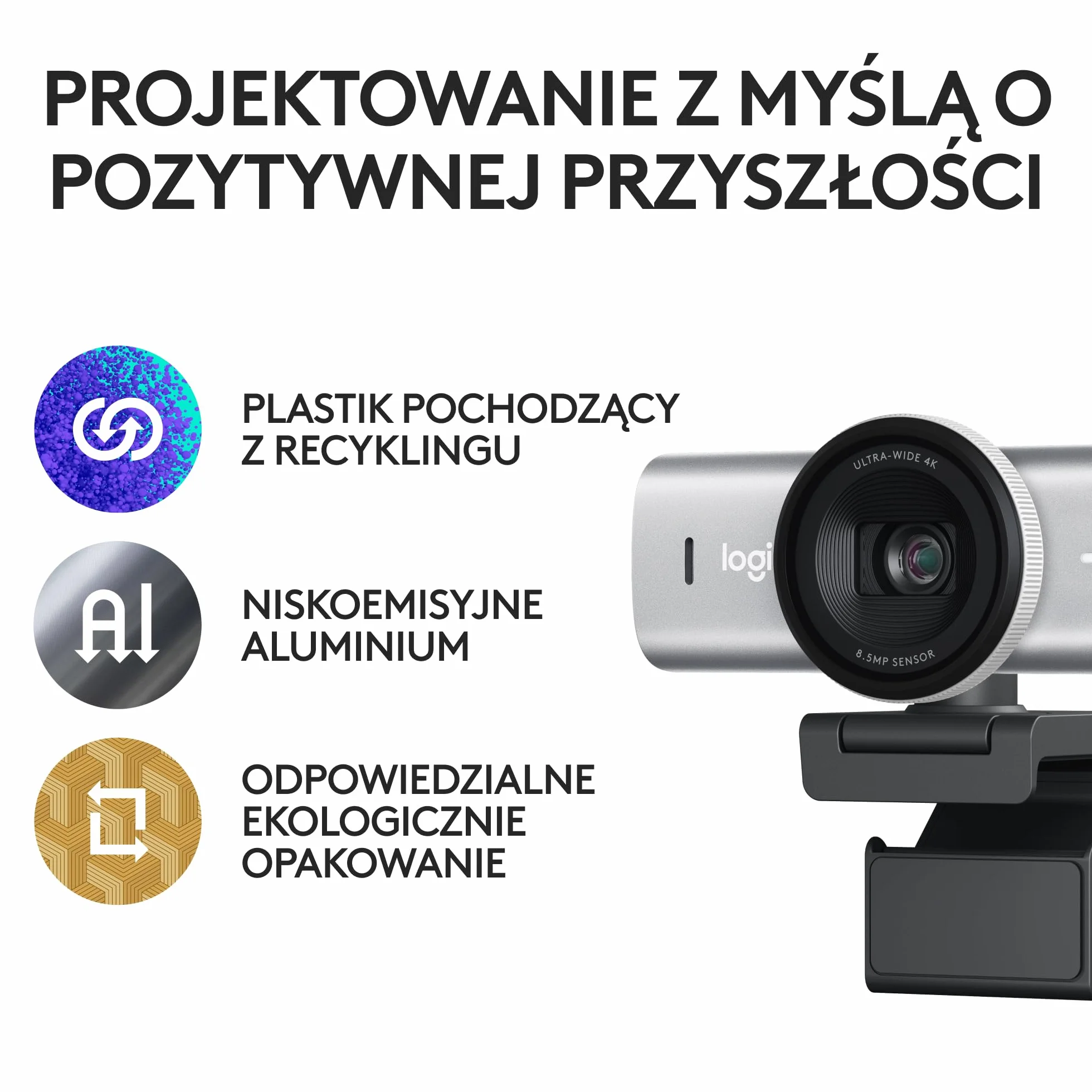 Logitech MX Brio Ultra HD 4K do współpracy i streamingu Kamera, 1080p przy 60 kl./s, mikrofony z podw. redukcją szumów, Show Mode, USB-C, osłona, działa z Microsoft Teams, Zoom, Google Meet, Pale Grey