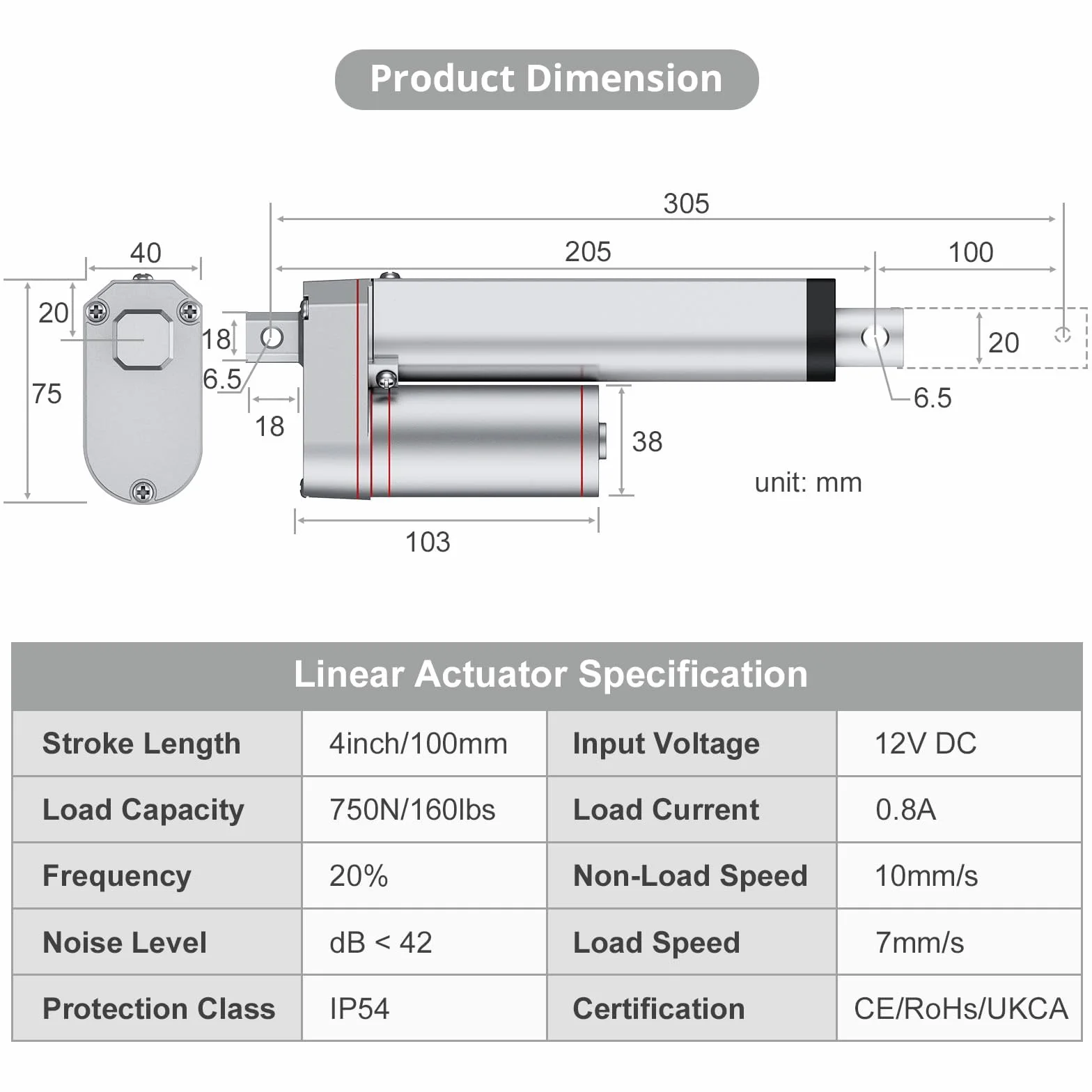 Justech Silnik liniowy, napęd regulacyjny, otwieracz bramy, silnik liniowy 12 V DC 750 N, 100 mm, technika liniowa, elektryczny silnik prądu stałego, cylinder, silnik do pchania mebli samochodowych