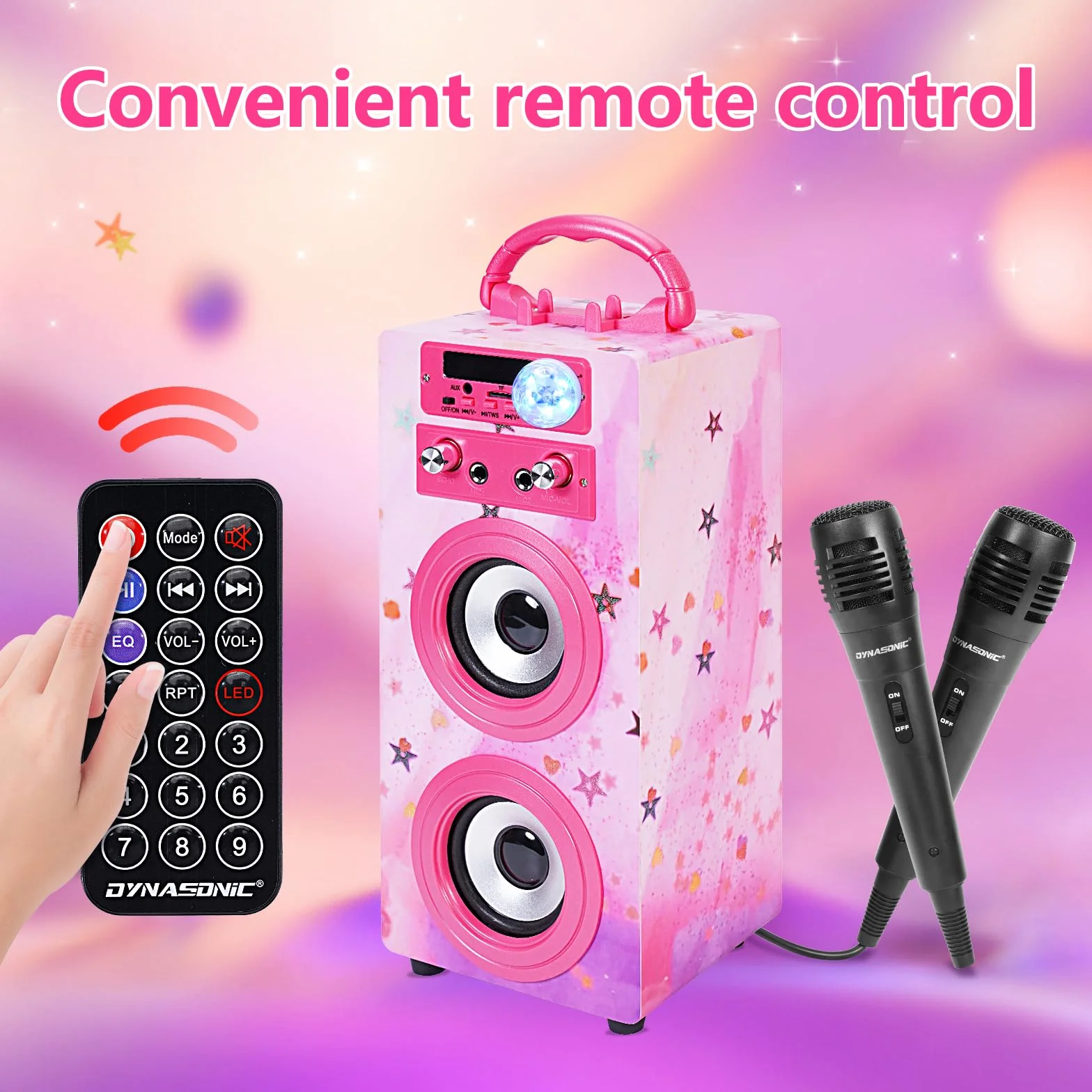 DYNASONIC Przenośna maszyna do karaoke, 2 mikrofony, głośnik Bluetooth, światła, czytnik USB i SD, prezent dla dzieci w wieku 5-13 lat (025-15 LIGHTS)