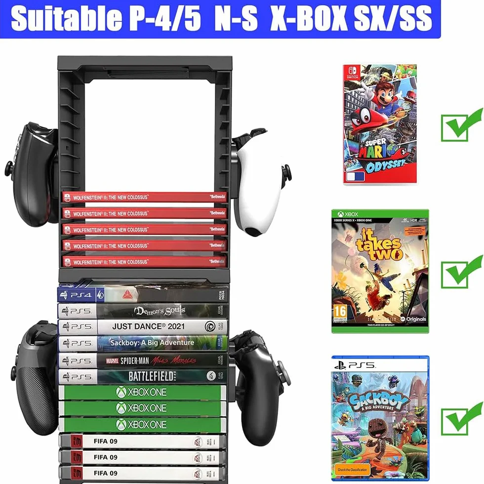 Wieża do przechowywania gier dla PS5, PS5 Przechowywanie płyt CD z grami, stojak na 24 płyty CD i 4 kontrolery dla SWITCH, Xbox Series S & X, Xbox One, PS4, PS3, Blu Rays