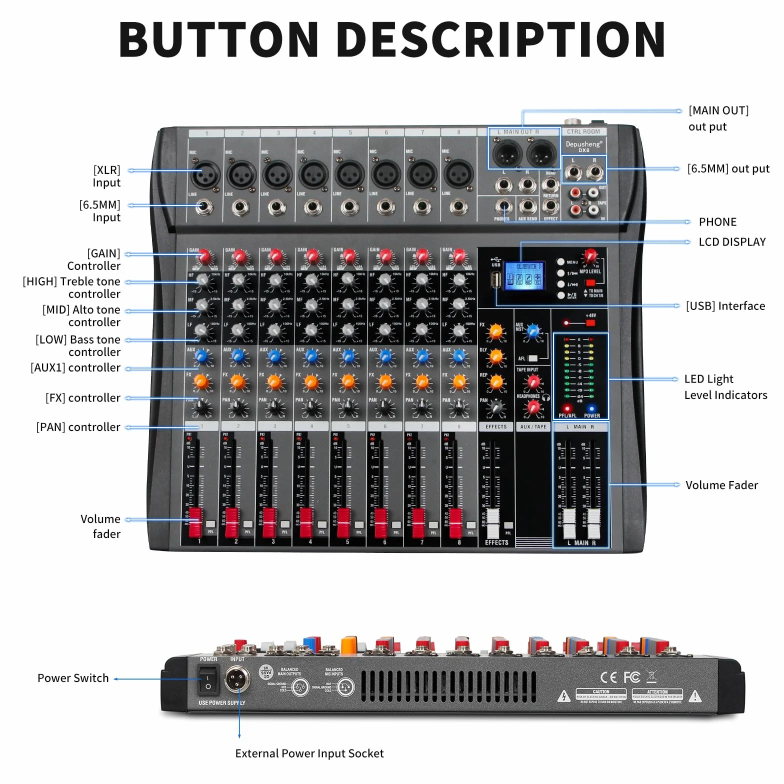 Depusheng DX8 Profesjonalny mikser Płyta dźwiękowa Konsola 8-kanałowy interfejs USB Wejście MP3 48V Zasilanie Phantom Stereo DJ Studio FX Stalowa obudowa, czarny mikser audio Bluetooth USB na PC