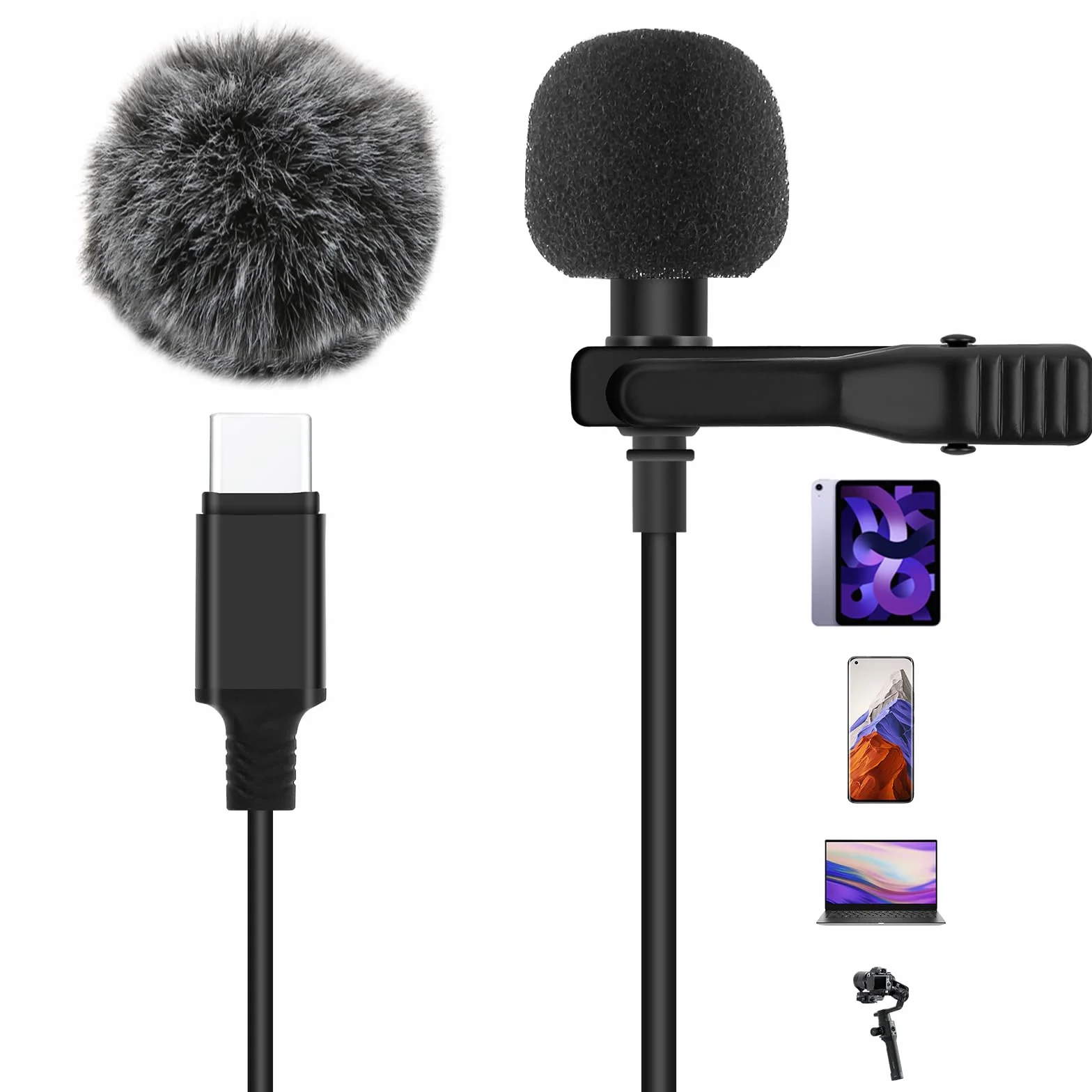 AGPTEK mikrofon lavalier typu C do iPhone'a 15, 2 m, wielokierunkowy do laptopów Android Macbook