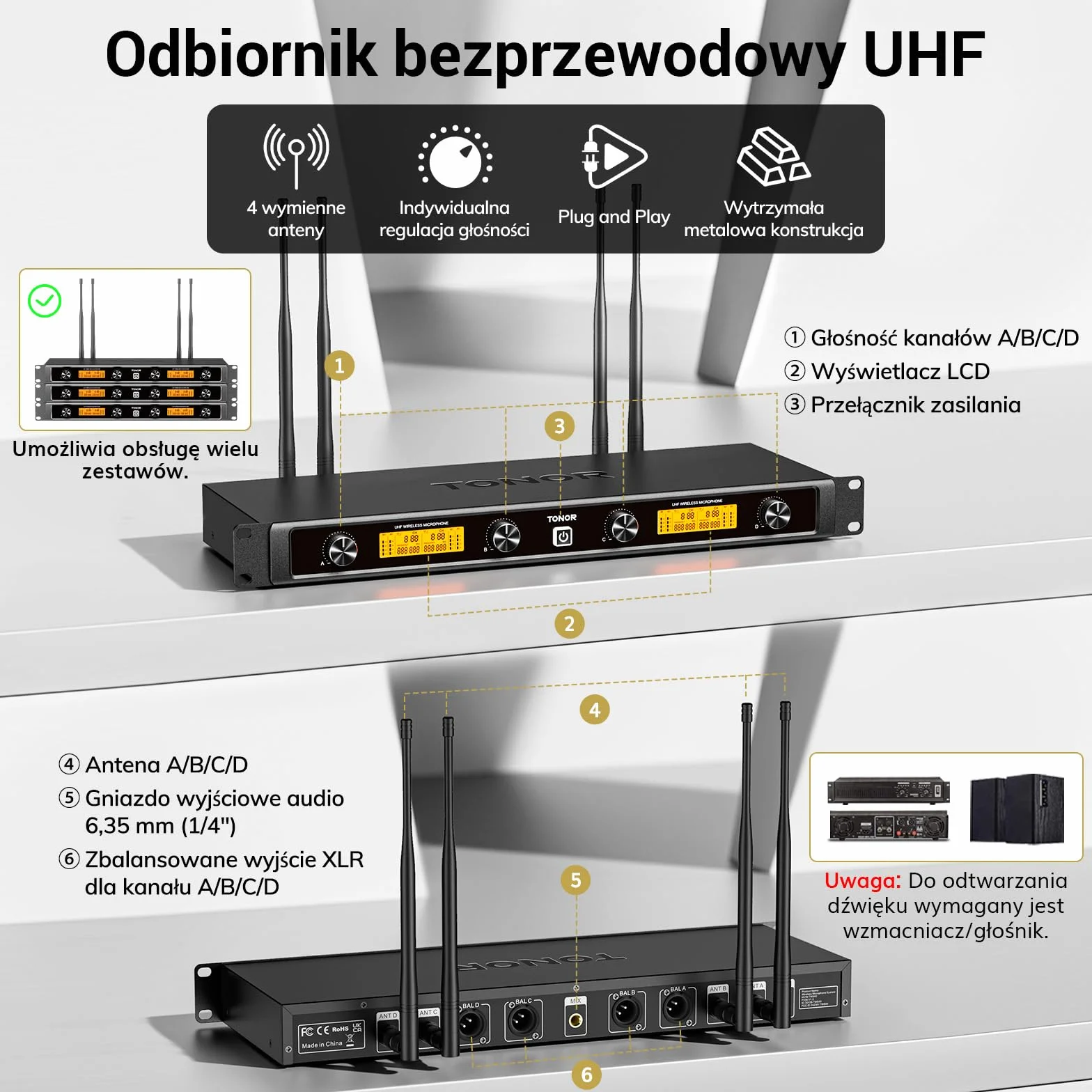 Bezprzewodowy system mikrofonowy TONOR UHF z podwójnymi mikrofonami nausznymi, nadajnikami Bodypack, odbiornikiem akumulatorowym, 4x5 kanałów, zasięg 90 m, do nagrywania mowy, głośników PA