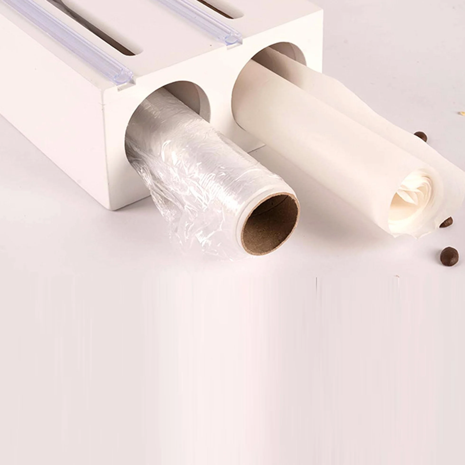 SUQ Wrap Dispenser-Cutter, napełniany dozownik folii cling, przyssawka do cięcia folii plastikowej Żywność Przezroczysta folia i folia do kuchni, restauracja (Dwuwarstwowy biały)
