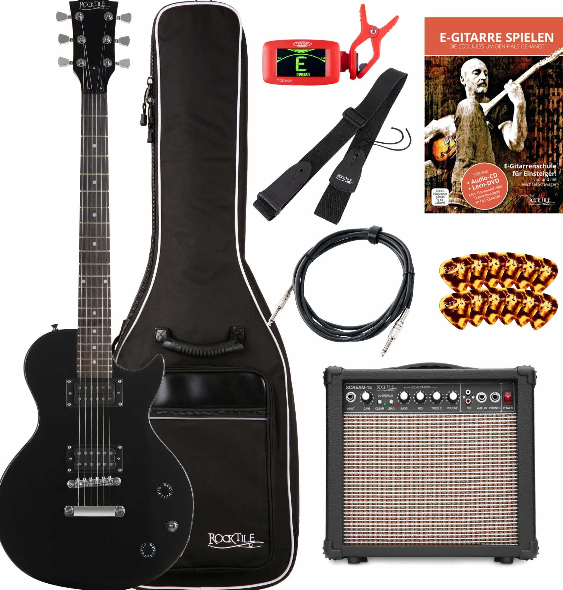 Rocktile L-100 BL gitara elektryczna czarna zestaw startowy