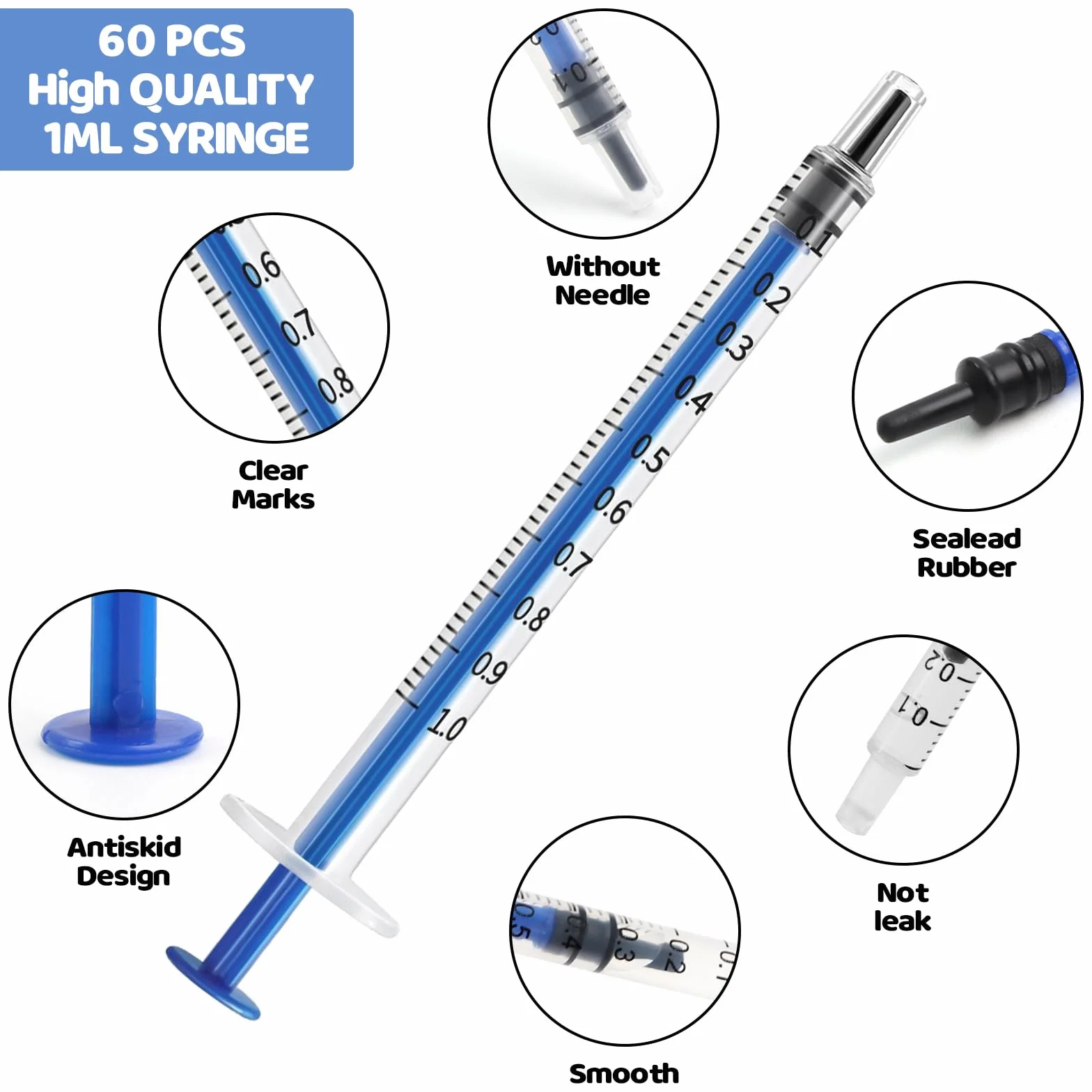 60 sztuk strzykawek 1 ml, sterylne, bez igieł, strzykawki jednorazowe z siarą, 1 ml, z nasadkami do karmienia małych zwierząt, pomiaru płynów i laboratoriów naukowych