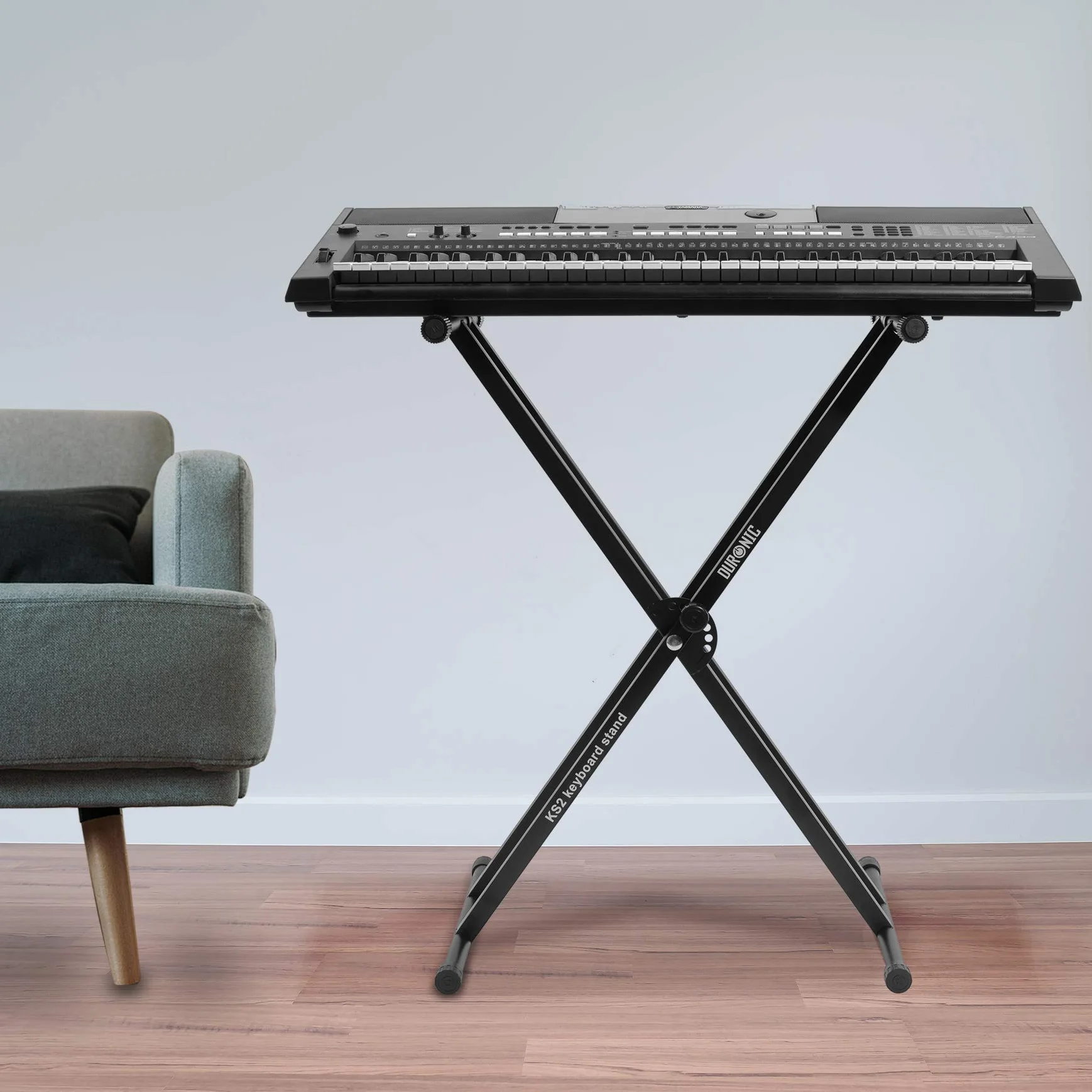 Duronic Stojak na klawiaturę KS2B, podwójna ramka X, regulowana wysokość 33–98 cm, podwójne szelki do pianina cyfrowego, szybkie zwalnianie, z paskami podtrzymującymi do zabezpieczenia klawiatury,