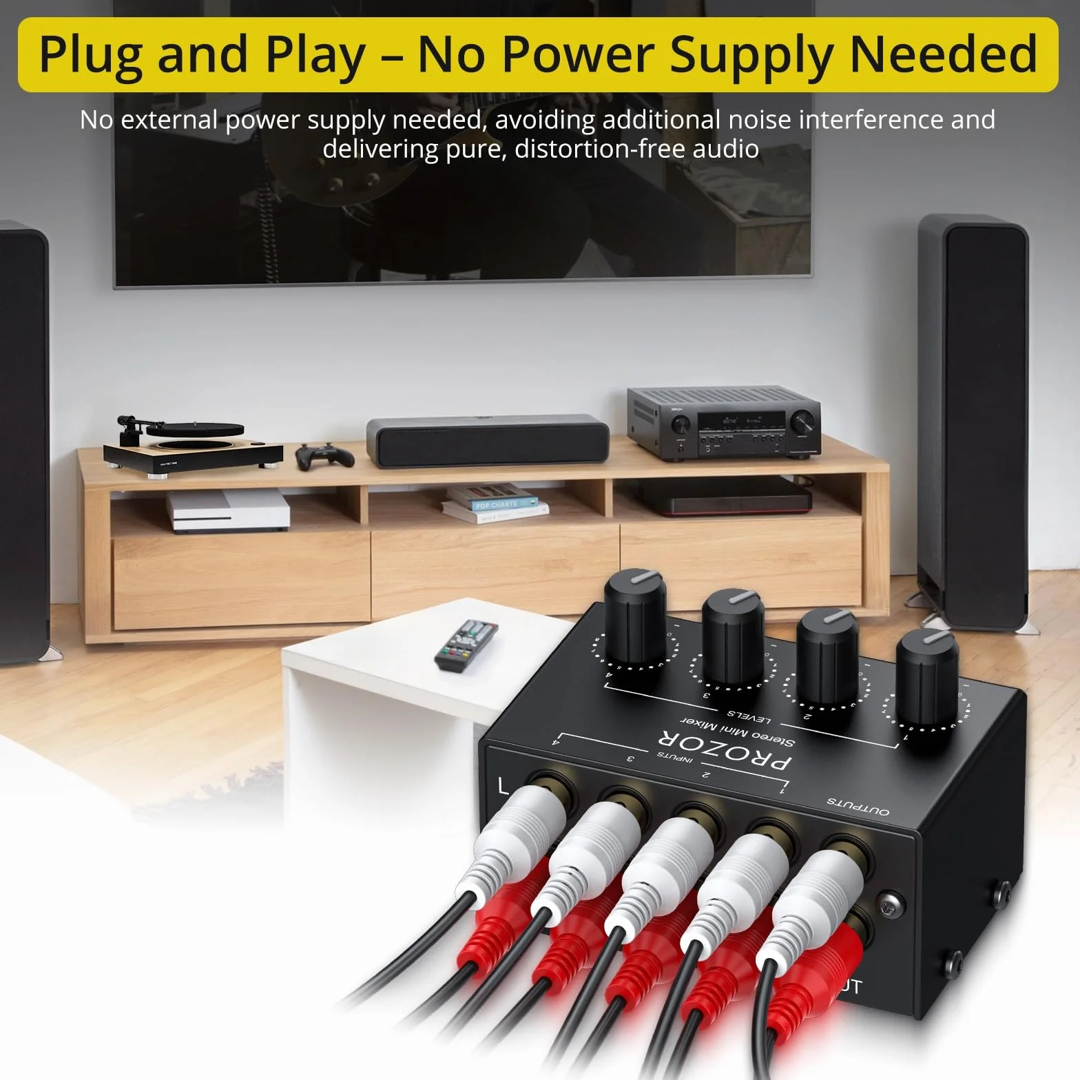 PROZOR Mikser audio RCA – 4-kanałowy mini pasywny mikser stereo z niezależną pokrętłem głośności, wejście i wyjście RCA, do kina domowego DJ-a, nie wymaga zasilania