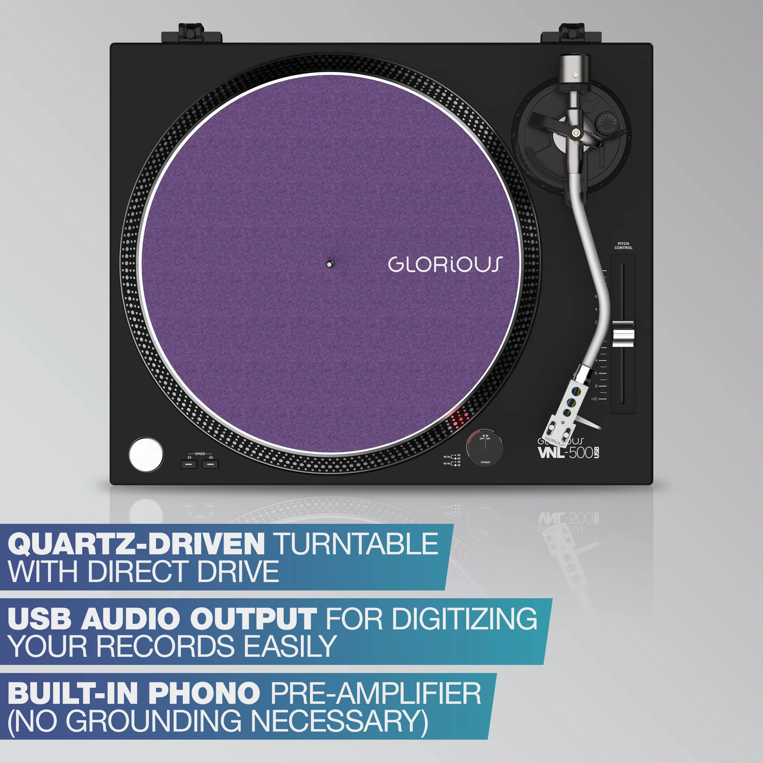 Glorious Gramofon z napędem bezpośrednim VNL-500 do DJ-a lub Hifi z wyjściem USB do nagrywania cyfrowego, wybór prędkości 33/45, regulowany zakres nachylenia, obudowa głowy, wkład i osłona