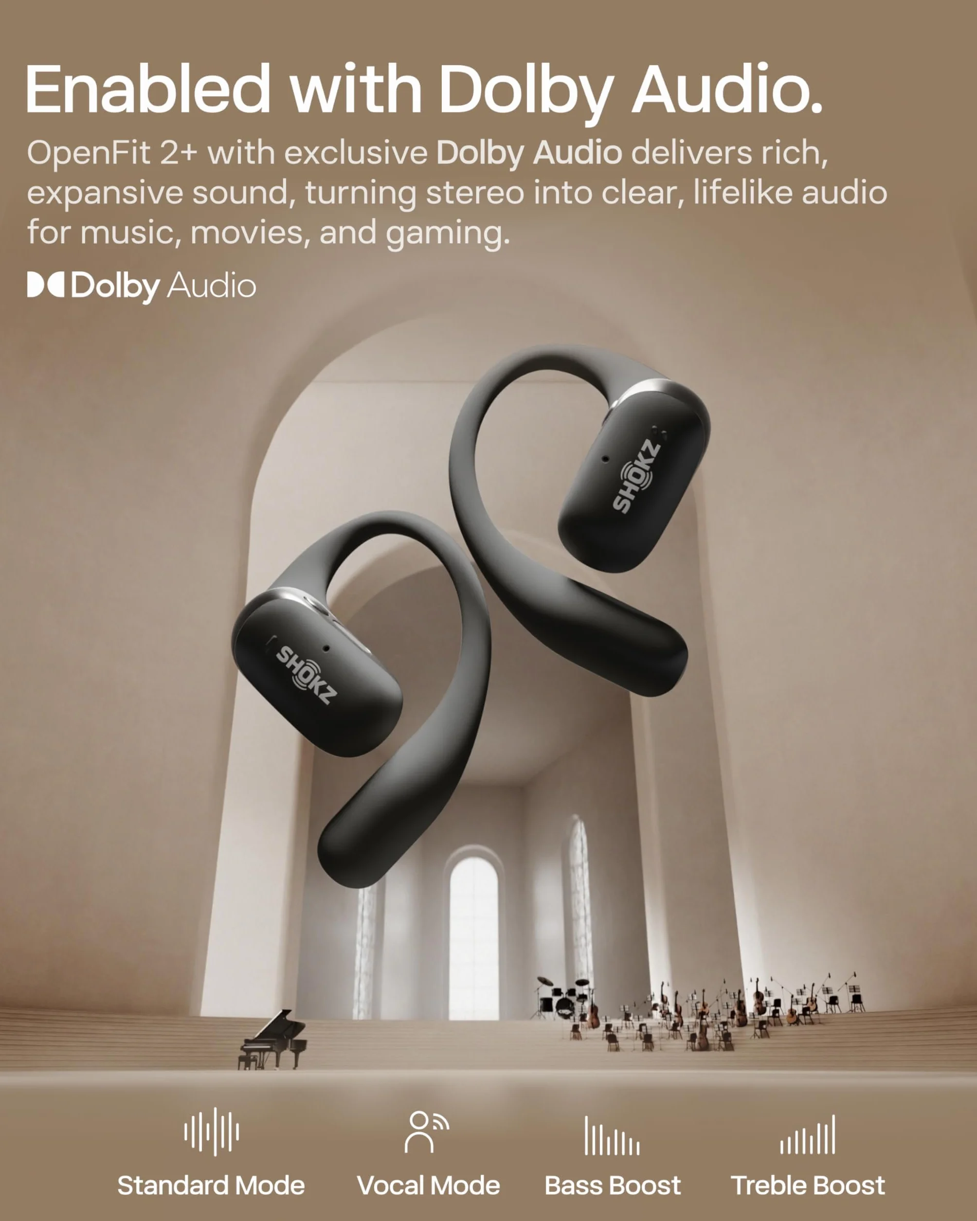Shokz NOWE OpenFit 2+ Słuchawki Otwarte, z Dolby Audio, Wygodne Słuchawki, 48 Godziny Odtwarzania, Odporność na Wodę IP55, Szybkie Ładowanie USB-C, Ładowanie Bezprzewodowe, Torba Transportowa, Czarny