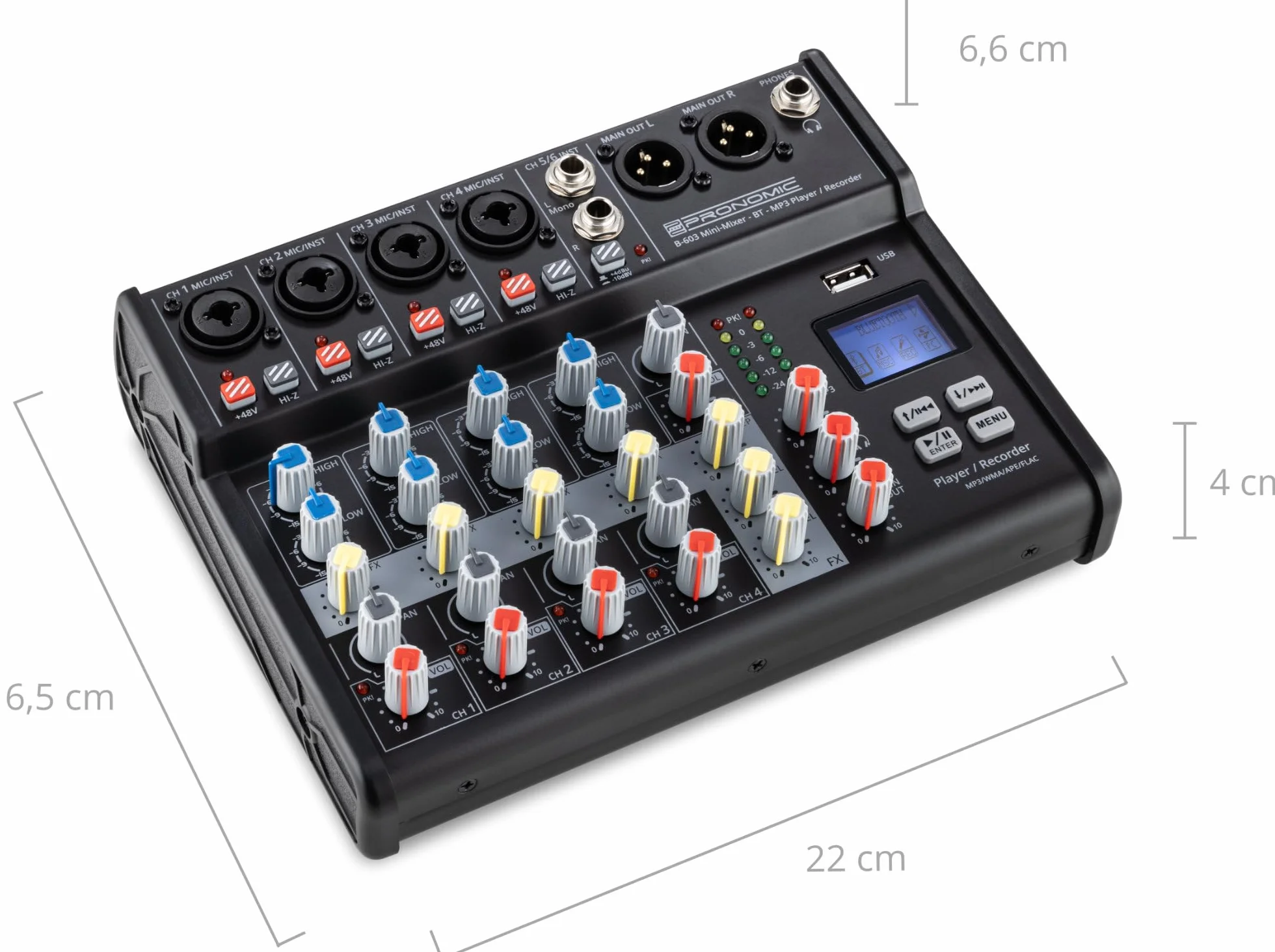 Pronomic B-603 mini mikser z Bluetooth® i USB Recording – kompaktowy 6-kanałowy mikser – 4 kanały z gniazdami combo, zasilaniem fantomowym i przełącznikiem Hi-Z – port USB – główne wyjścia w formacie