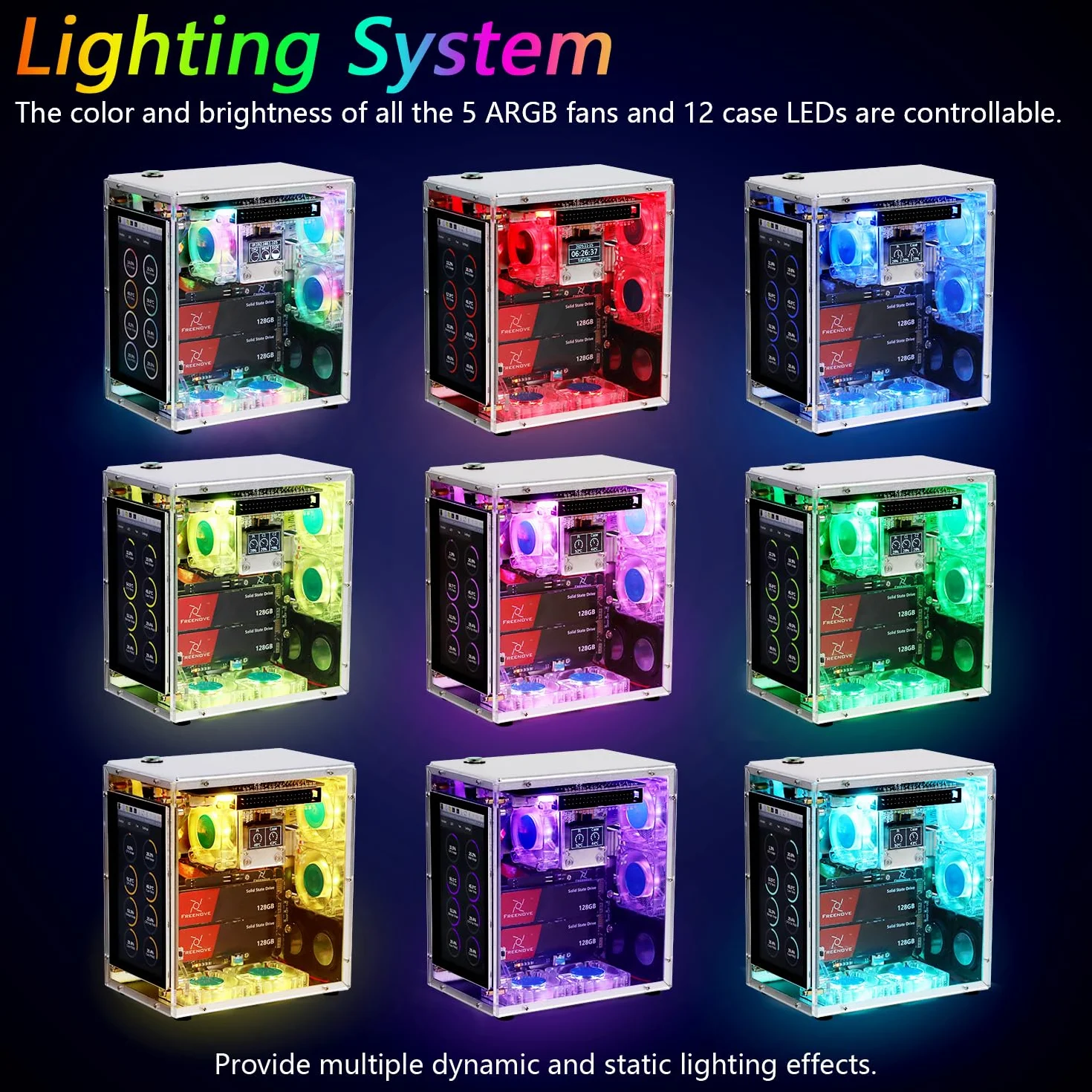 Freenove Raspberry Pi 5 NAS Case Kit (with 1x 128GB SSD), Quad M.2 NVMe SSD Slots, 5 PWM ARGB Fans Light Sync, CPU Tower Cooler, 4.3" Touchscreen, Stereo Speakers, 3.5 mm Audio