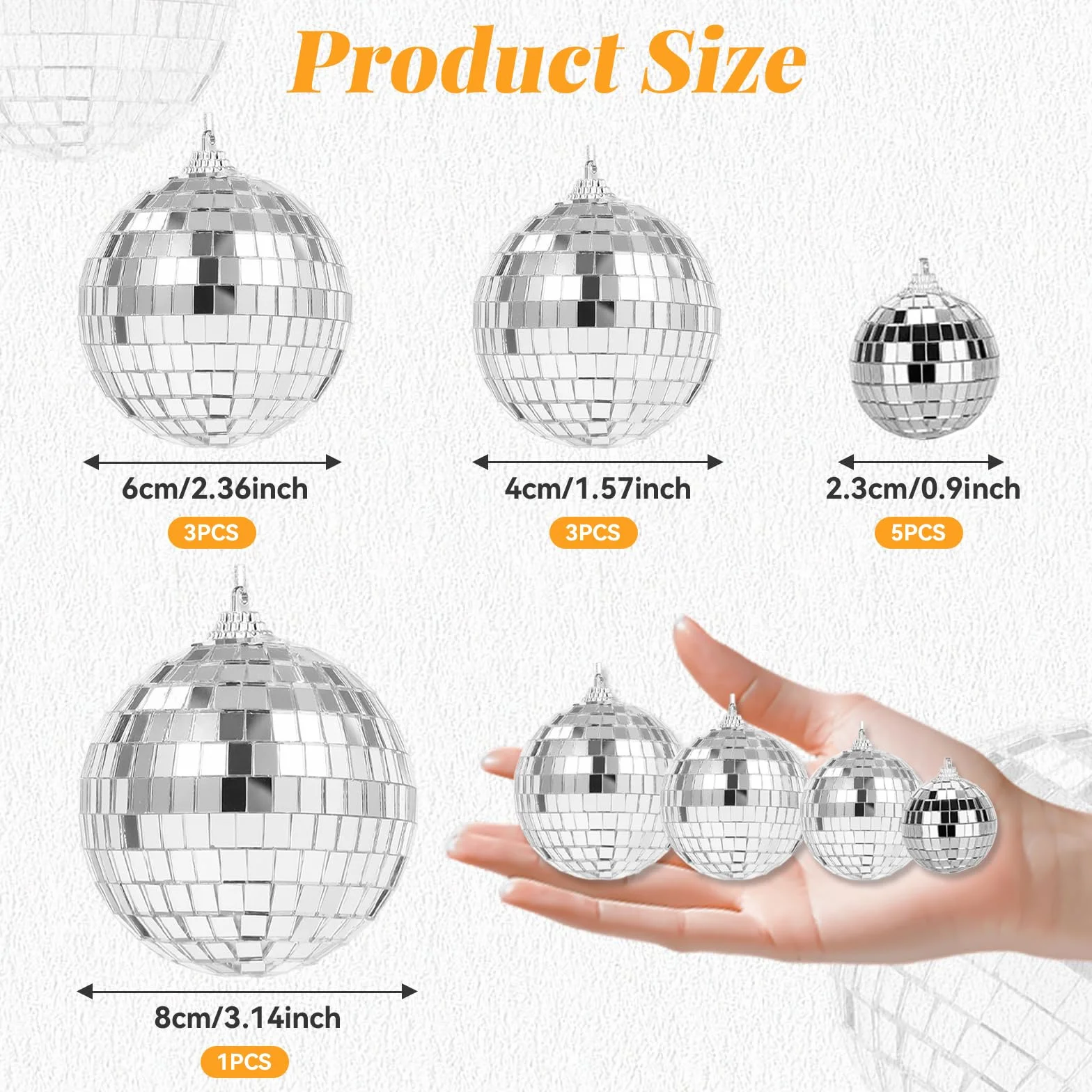 12 sztuk dekoracyjnych kul dyskotekowych, srebrnych, wiszących kul dyskotekowych, 4 rozmiary 2,3 cm, 4 cm, 6 cm, 8 cm, na choinkę, wesele, imprezę, urodziny