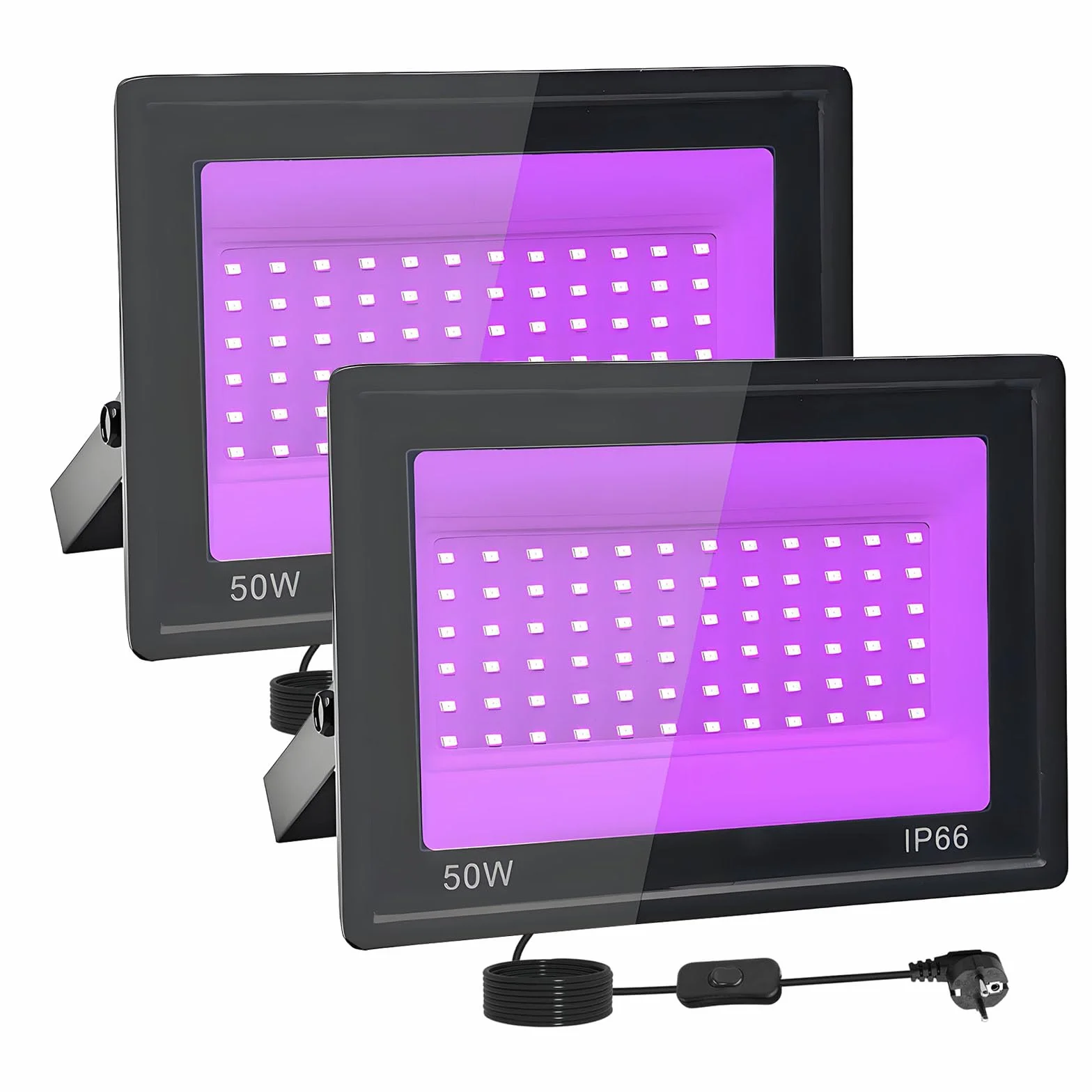 2 sztuki reflektorów LED 50 W, czarne światło, IP66 UV, 395 – 400 nm, światło UV z przełącznikiem, dekoracja na Halloween, imprezę, Boże Narodzenie, neonowe żarzenie, malowanie ciała
